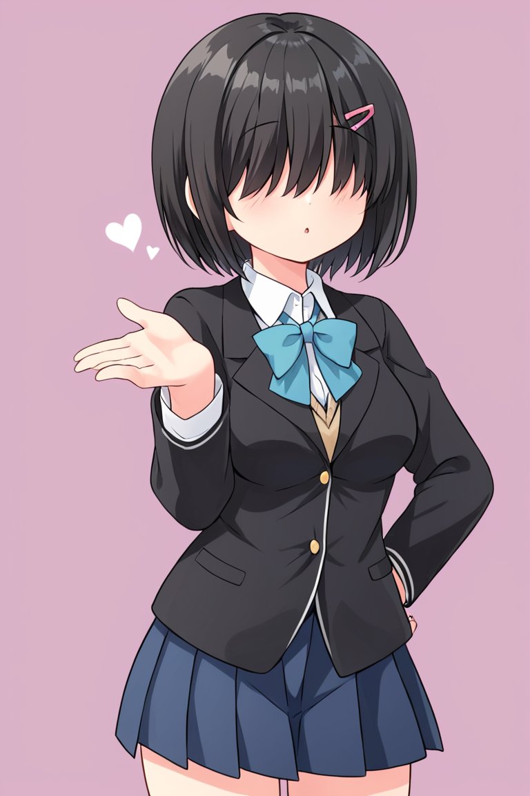 ai_generated black_hair blowing_kiss flanofart hair_covering_eyes hair_over_eyes hair_over_one_eye school_uniform schoolgirl tagme wierdgirl_(flanofart)