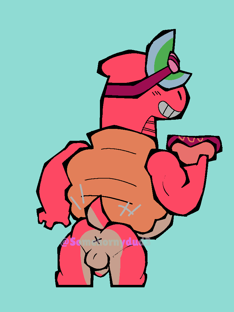 anthro anthro_only ass balls belly brawl_stars cartoony dinosaur doug_(brawl_stars) fat gay half_naked hot_dog jacket penis simple_background solo_male somehornydud3 standing