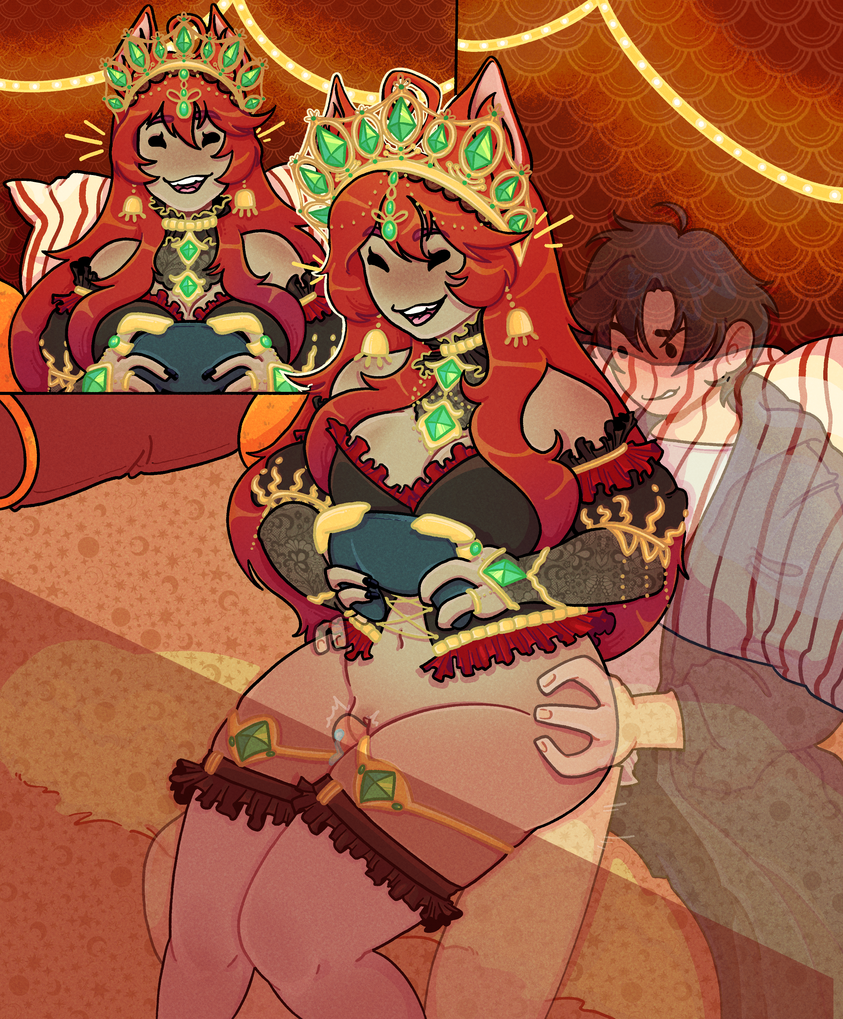1boy, 1girls, aliciaxlife, bottomless, crown, female, gaming, grinding, indie virtual youtuber, invisible male, jewelry, male, male/female, penis, penis between thighs, queen, rat ears, sketchventures, solo leveling, stealth sex, sung jin woo, tagme, thigh sex, thighjob, virtual youtuber, vtuber