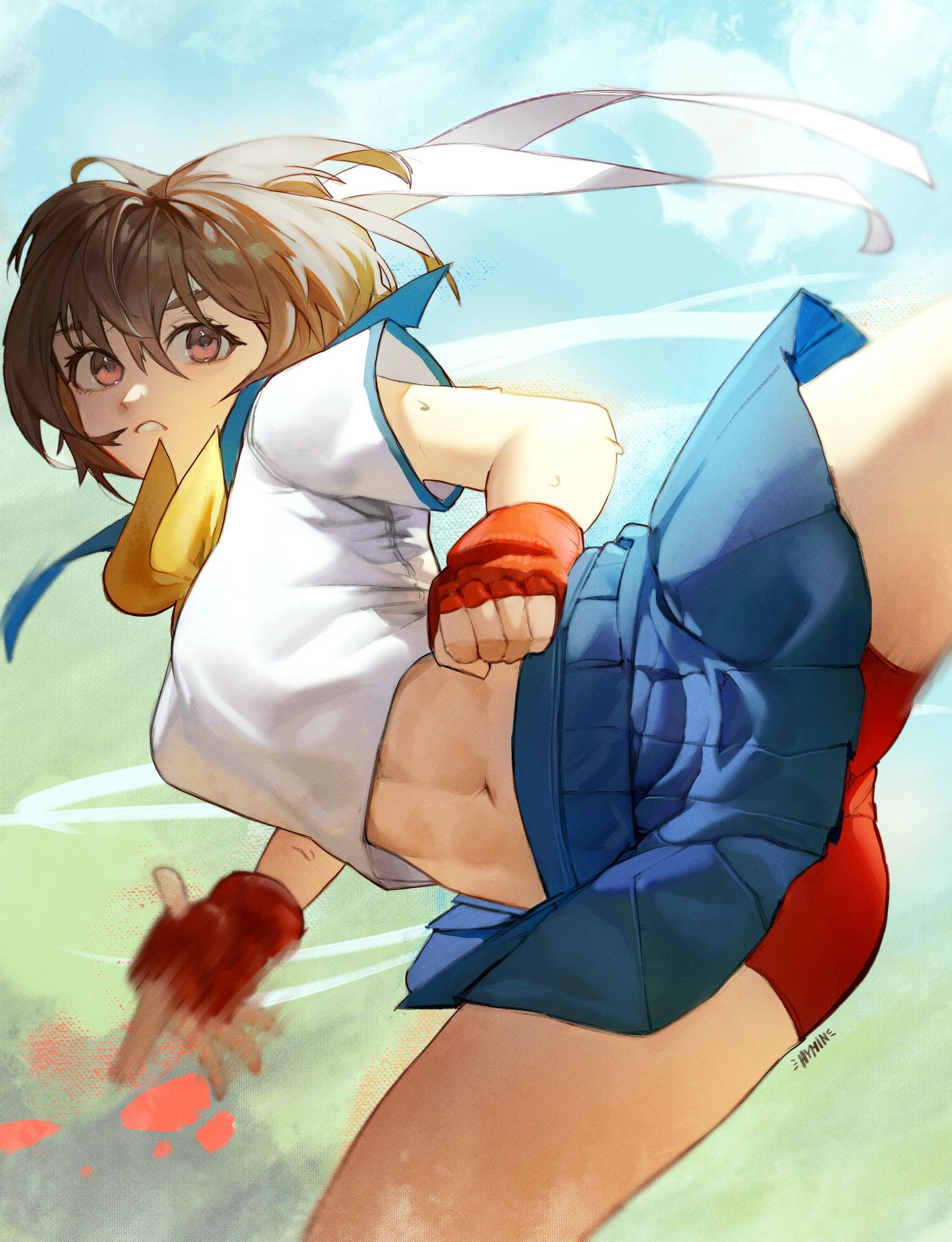 1girls, bloomers, brown eyes, brown hair, dnymtho, female, gloves, headband, kick, kicking, pantyshot, pantyshot (kicking), red gloves, red underwear, sakura kasugano, school uniform, schoolgirl, seifuku, short hair, street fighter, street fighter alpha, street fighter v, underwear, upskirt, white headband
