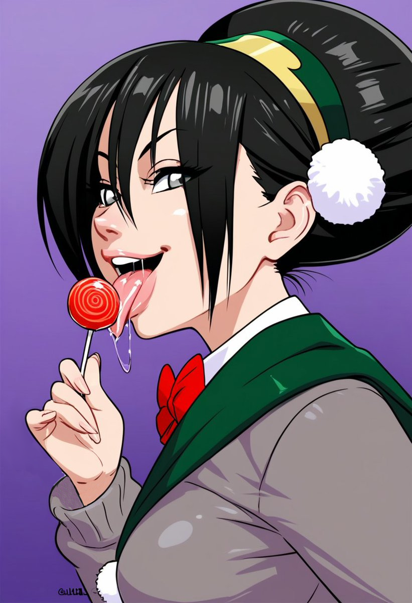 1girls ai_generated avatar_legends avatar_the_last_airbender black_hair earth_kingdom female licking_lollipop lollipop saliva school_uniform short_hair smiling_at_viewer smirking_at_viewer tongue_out toph_bei_fong