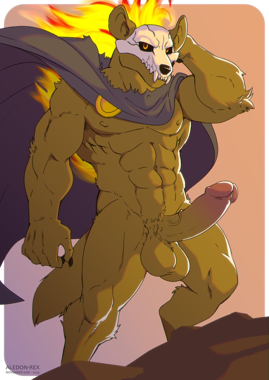 aledonrex anthro balls bara barazoku big_penis boner cape erection forsburn furry hyena male male_only muscles muscular nude penis rivals_of_aether skull skull_mask solo solo_male