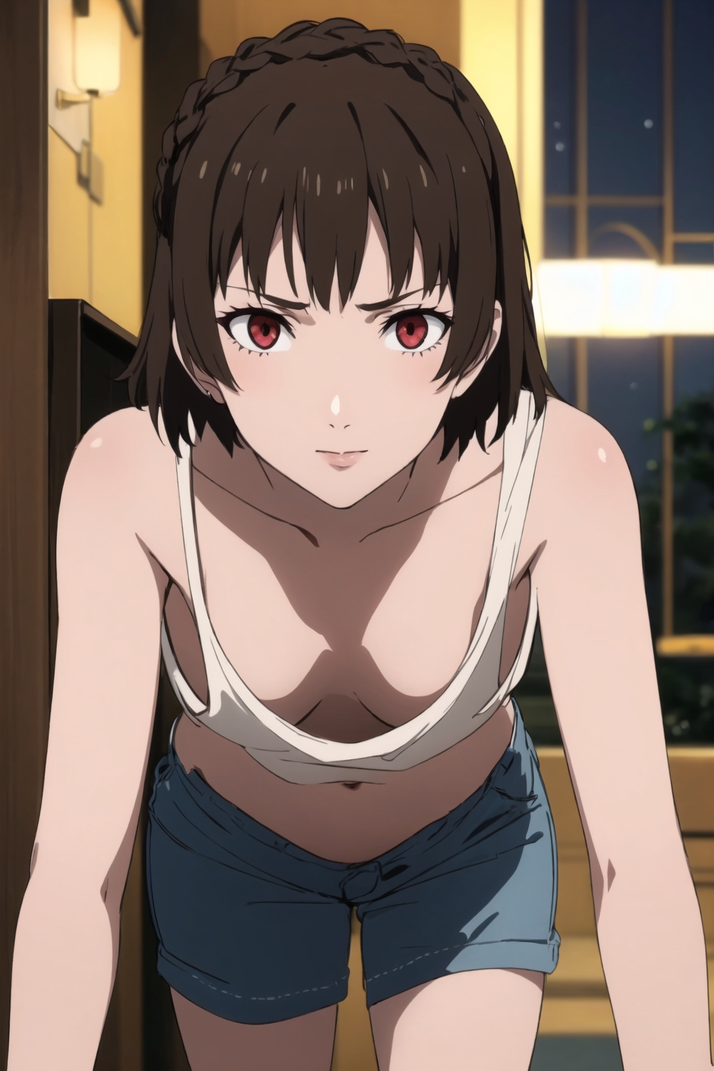 1girls, ai generated, downblouse, female, leaning forward, looking at viewer, makoto niijima, navel, no bra, persona, persona 5, persona 5 royal, solo