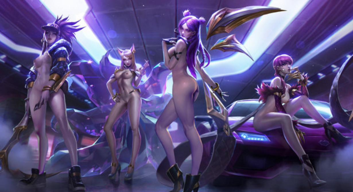 4girls, 9 tails, ahri, akali jhomen tethi, breasts, breasts out, car, evelynn, female, female only, fox ears, k/da ahri, k/da akali, k/da evelynn, k/da kai'sa, k/da series, kai'sa, league of legends, multi tail, multiple females, multiple girls, nine tailed fox, nude filter, sitting on car, vastaya