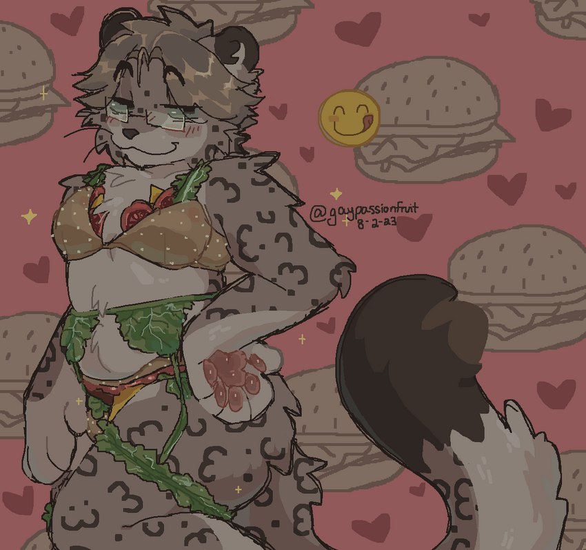 1boy anthro burger burger_lingerie eyebrows_visible_through_hair fanart femboy fur furry gaypassionfruit glasses grey_body grey_fur heart leopard meme meme_attire original pink_background short_hair simple_background watermark yarn_(snowwhisk)