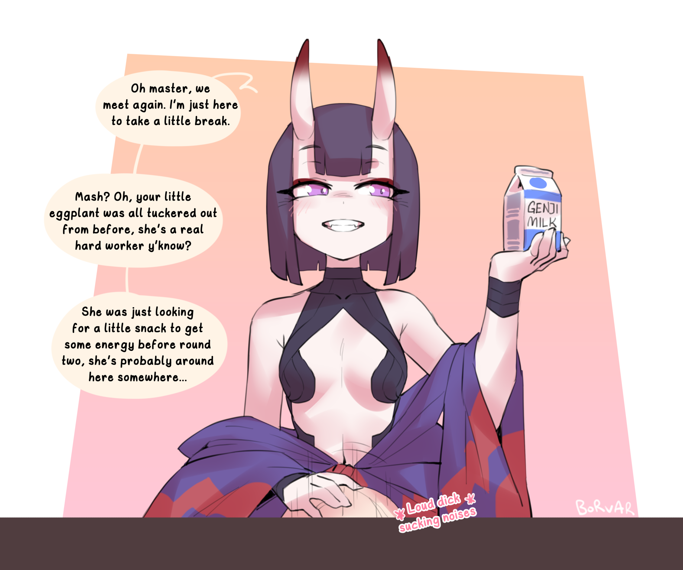 1futa, 1girls, bangs, borvar, breasts, clothed, clothing, cucked by futa, dialogue, dominant futa, english text, fate (series), fate/grand order, fellatio, female, futa focus, futa on female, futanari, horns, humanoid, implied cheating, implied fellatio, implied futa, implied netorare, implied oral, infidelity, intersex, light skin, light-skinned female, light-skinned futa, mash kyrielight, mostly nude, ntr, oni, oni horns, oral, purple eyes, purple hair, second-party source, short hair, shuten douji (fate), small breasts, solo focus, standing, text, under the table