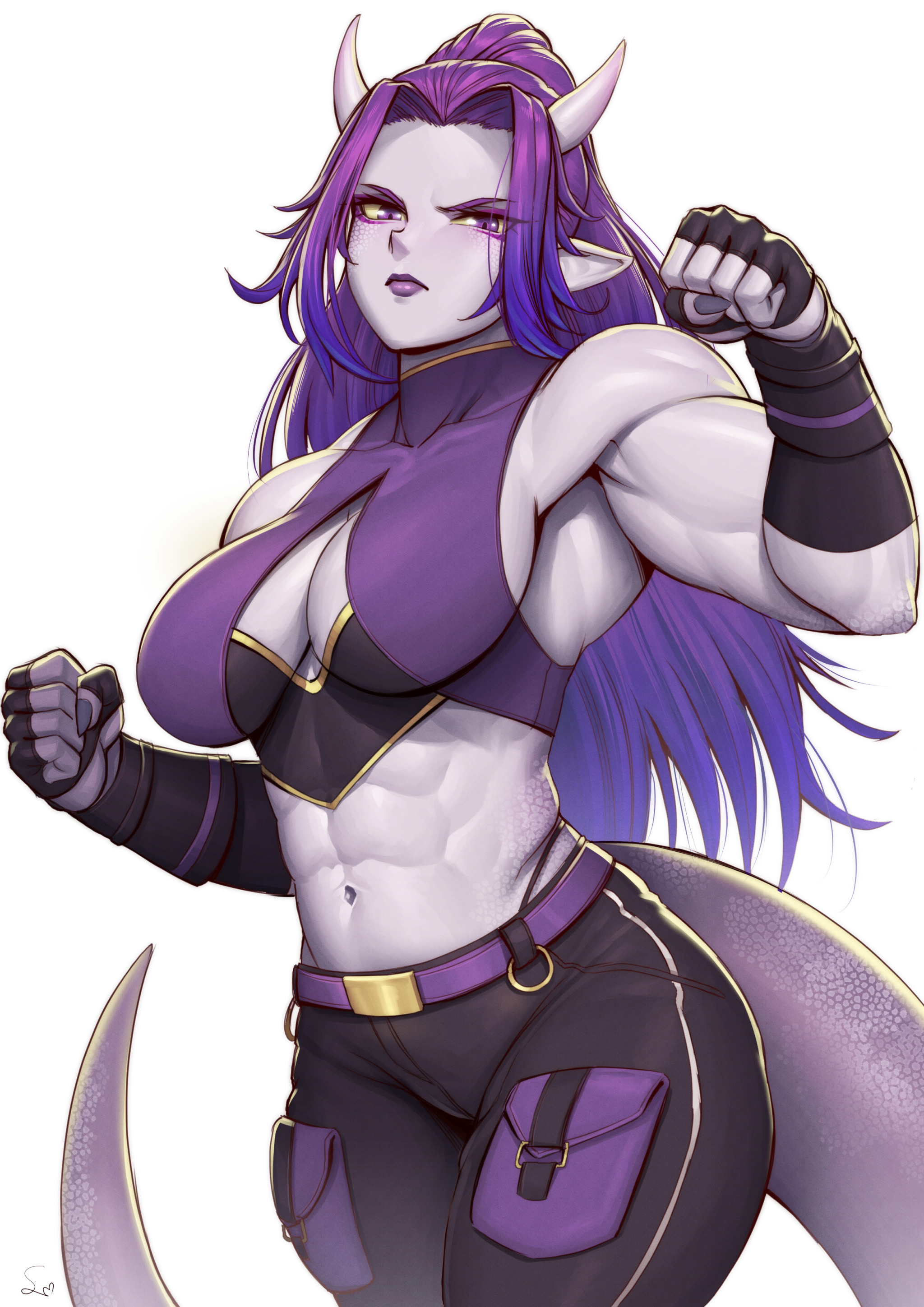 1girls, abs, adonis belt, breasts, cleavage, cleavage cutout, commission, demon, demon girl, female, fingerless gloves, gradient hair, grey skin, hi res, horns, long hair, looking at viewer, muscular, muscular female, navel, original, original character, pointy ears, purple eyes, purple hair, signature, simple background, solo, speedl00ver, tail, white background