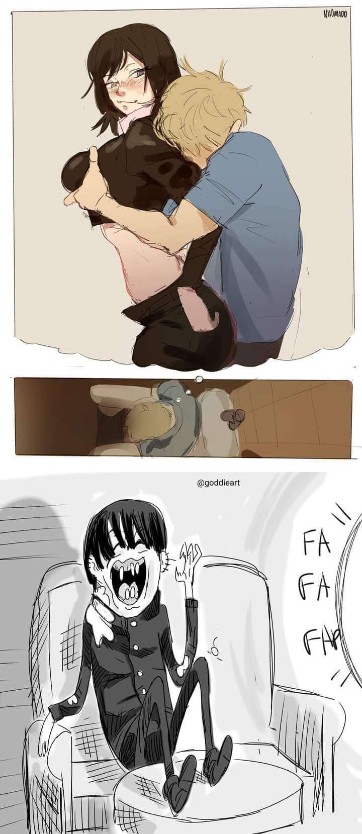 1boy, 1girls, 2boys, adventure time, bathroom, breasts, chainsaw man, denji (chainsaw man), female, funny, hirofumi yoshida, imagining, male, masturbation, meme, mifune fumiko, tagme, tagme (artist)