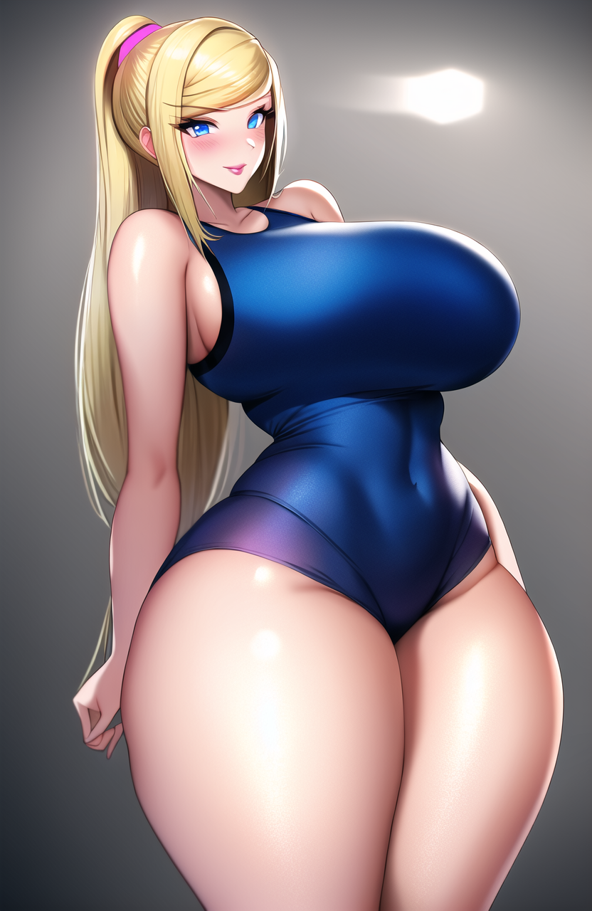 ai_generated blonde_hair blue_eyes blue_swimsuit bootylover02 curvaceous curvy curvy_figure gigantic_breasts huge_breasts long_hair looking_at_viewer metroid nai_diffusion nintendo ponytail samus_aran seductive_smile shiny_thighs stable_diffusion swimwear thick_thighs thighs voluptuous