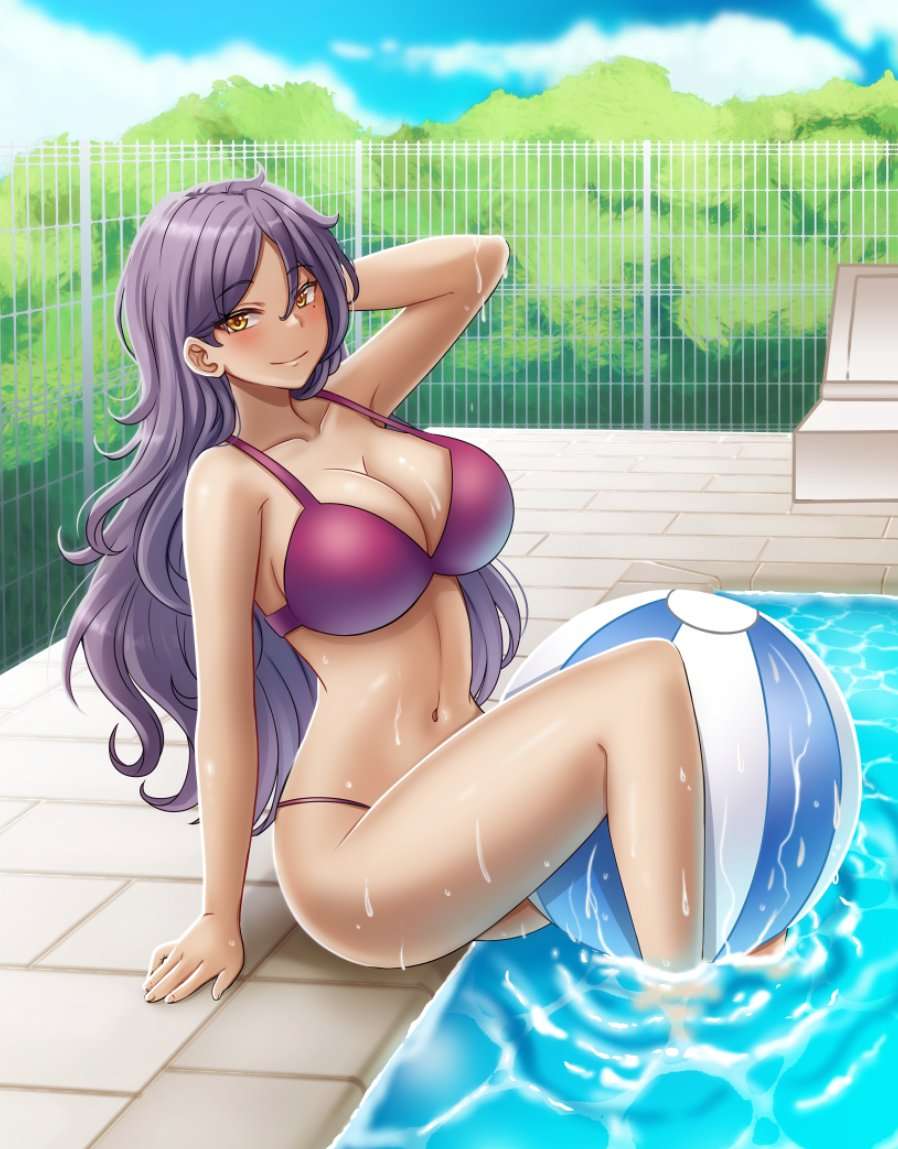 1female 1girls ball beach_ball belly_bulge big_boobs big_breasts big_tits bikini bikini_bottom bikini_top blush blushing blushing_at_viewer blushing_female boobs breasts curves daytime feet_in_water hair_between_eyes hand_behind_head hand_on_head light-skinned_female light_skin long_hair looking_at_viewer moe_ninja_girls mole mole_under_eye outside pool posing posing_for_the_viewer purple_bikini purple_bikini_bottom purple_bikini_top purple_hair smile smiling smiling_at_viewer swimming_pool swimsuit swimwear tagme tengge_yomoda thighs tits water wet wet_clothes wet_skin yellow_eyes