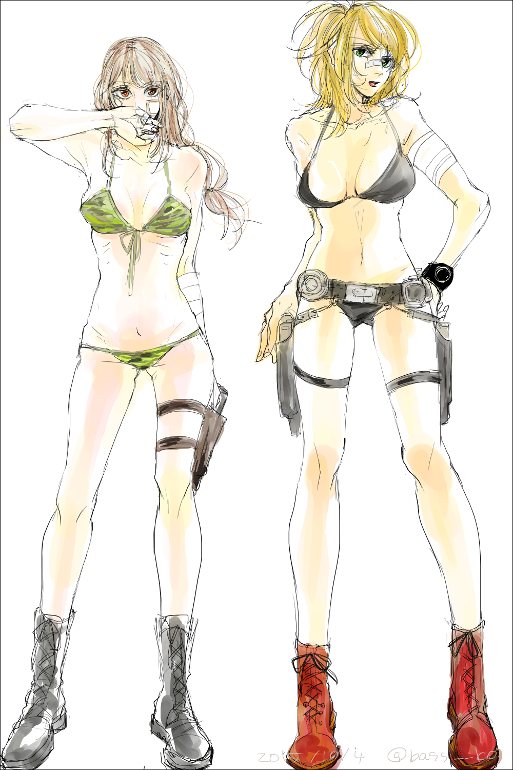 alternate_costume bandage bandage_on_nose bandages bass_ko bikini black_bikini blonde_hair boots brown_eyes brown_hair camo_print camouflage camouflage_bikini combat_boots female female_only full_body gintama green_eyes gun gun_holster kijima_matako light_brown_hair long_hair looking_at_viewer low-tied_long_hair mutsu_(gintama) side_ponytail skinny small_breasts standing thigh_strap weapon