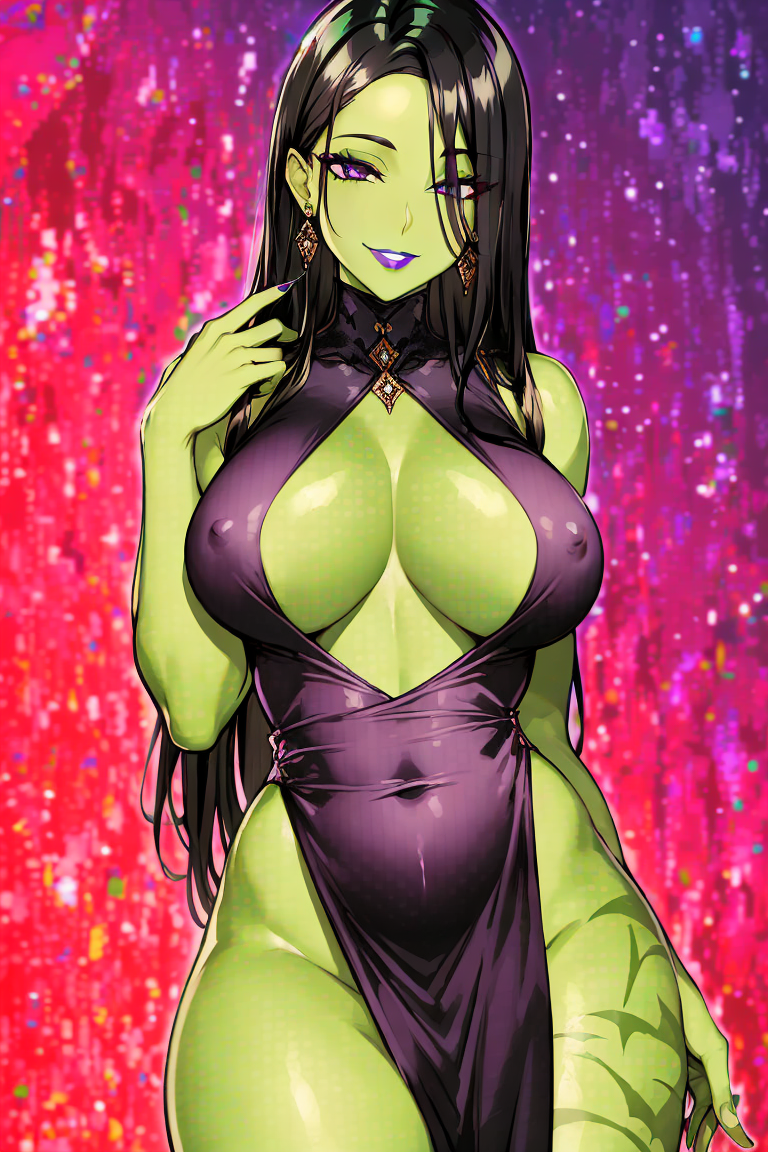 absurd_res absurdres ai_generated banjo-kazooie belly_button belly_button_visible_through_clothing big_breasts big_eyes black_dress black_hair busty cleavage erect_nipples erect_nipples_under_clothes game_over_gruntilda gothified green_skin gruntilda hd hi_res high_resolution highres hip_dips hourglass_figure huge_breasts hylian_r34 long_hair medium_hair narrow_waist purple_eyes rareware sadistic self_upload smiling tagme thick_thighs tight_dress unstable_diffusion wide_hips witch