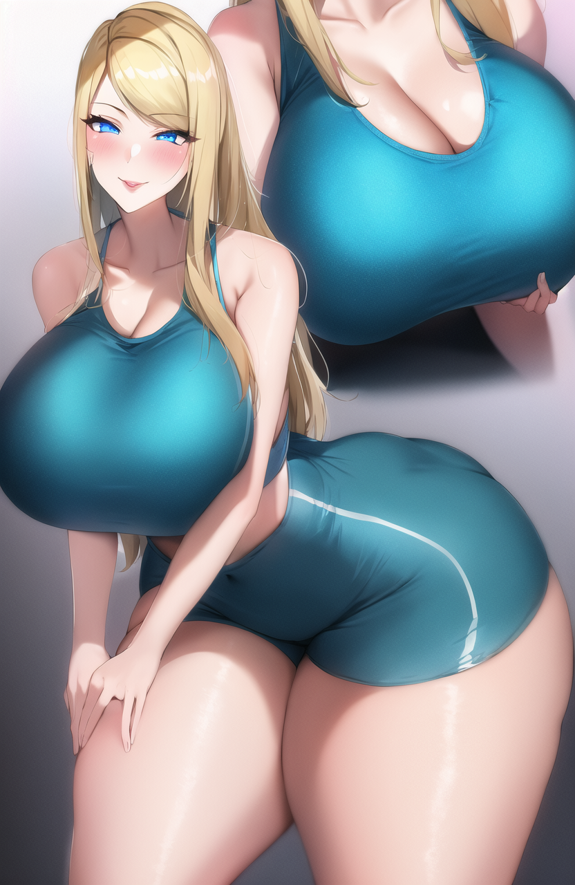 ai_generated bent_over blonde_hair blue_eyes blue_shorts blue_tank_top bootylover02 cleavage curvaceous curvy curvy_figure gigantic_ass hand_on_thigh huge_ass long_hair looking_at_viewer metroid nai_diffusion nintendo samus_aran seductive_smile shiny_thighs short_shorts stable_diffusion tank_top thick_thighs thighs voluptuous