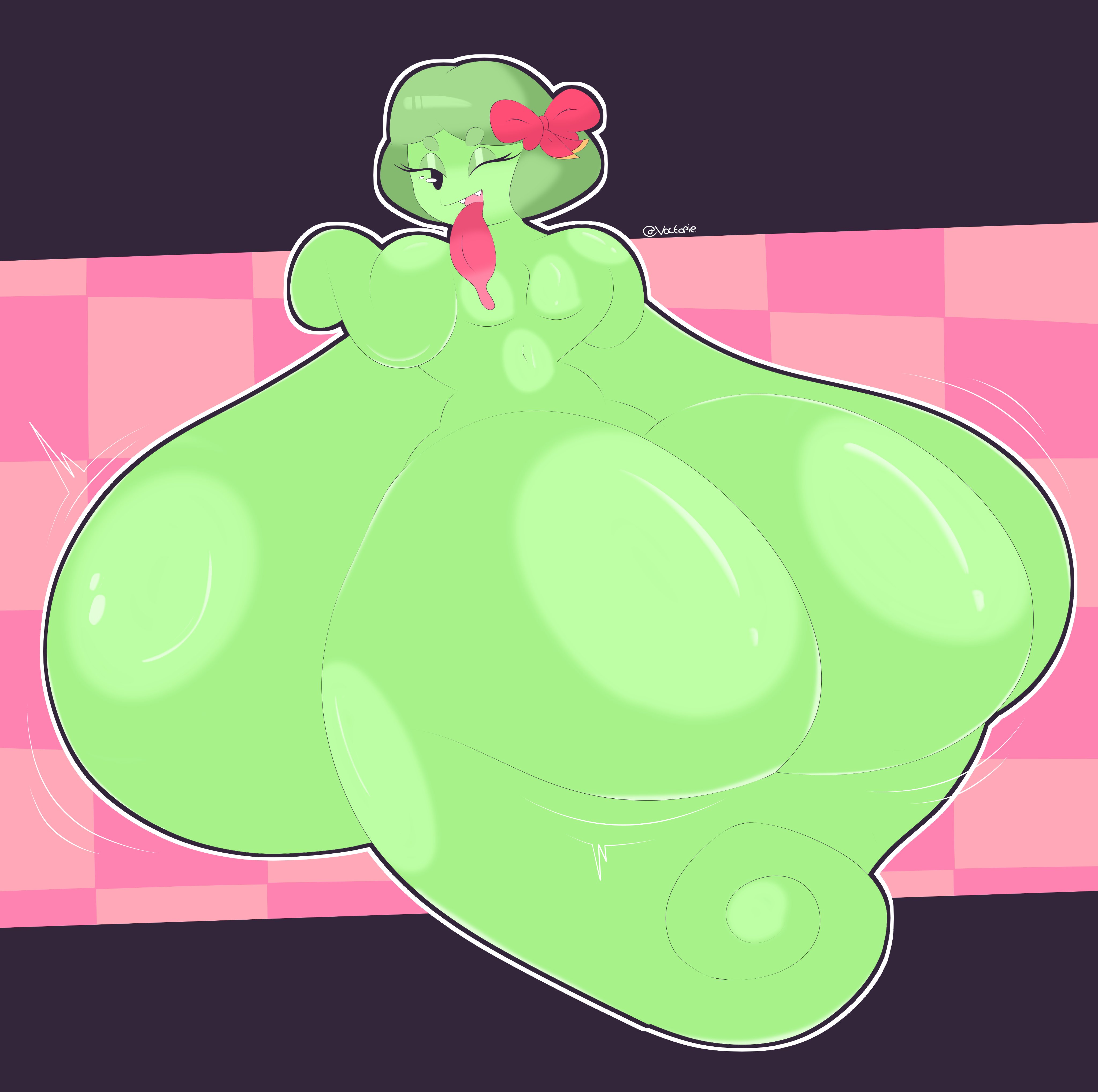 2023, anthro, ass, ass focus, back, boo (mario), breasts, female, female only, ghost, ghost girl, green body, green hair, hi res, huge ass, huge breasts, hyper, hyper breasts, lady bow, looking back, mario (series), nintendo, paper mario, ribbon, short hair, solo, tongue, tongue out, voctopie, wink