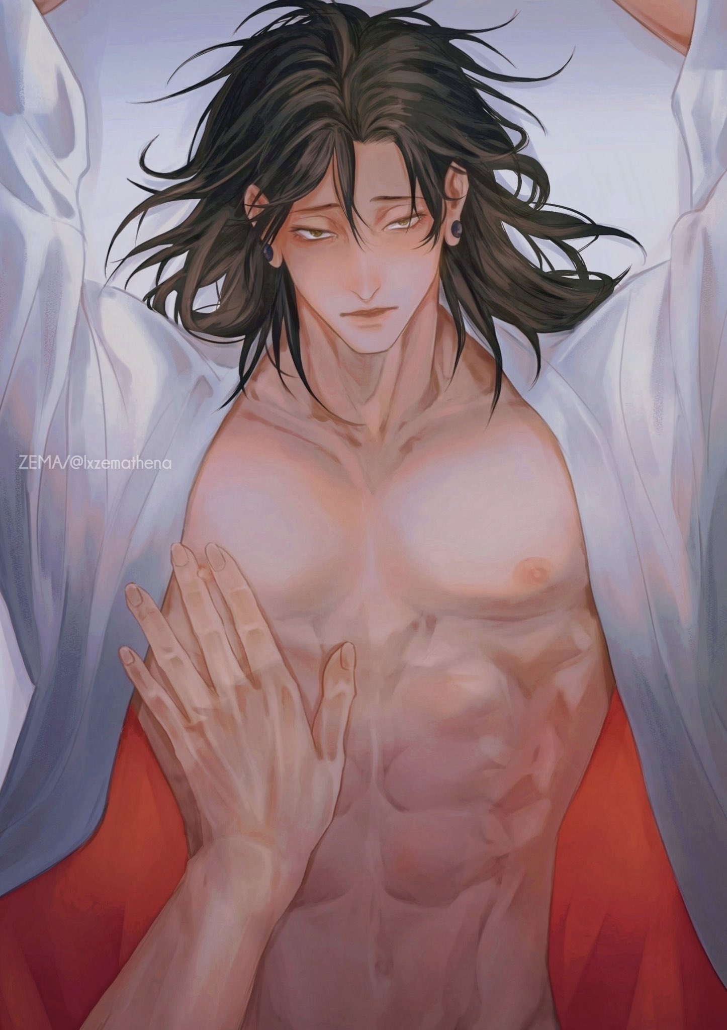 2boys, bara, black hair, blush, bondage gear, colored, dominant male, earrings, horny, jujutsu kaisen, kimono, long hair, lxzemathena, male, male only, muscular, muscular male, nude, nude male, satoru gojo, scar, skinny male, submissive male, suguru geto, yaoi