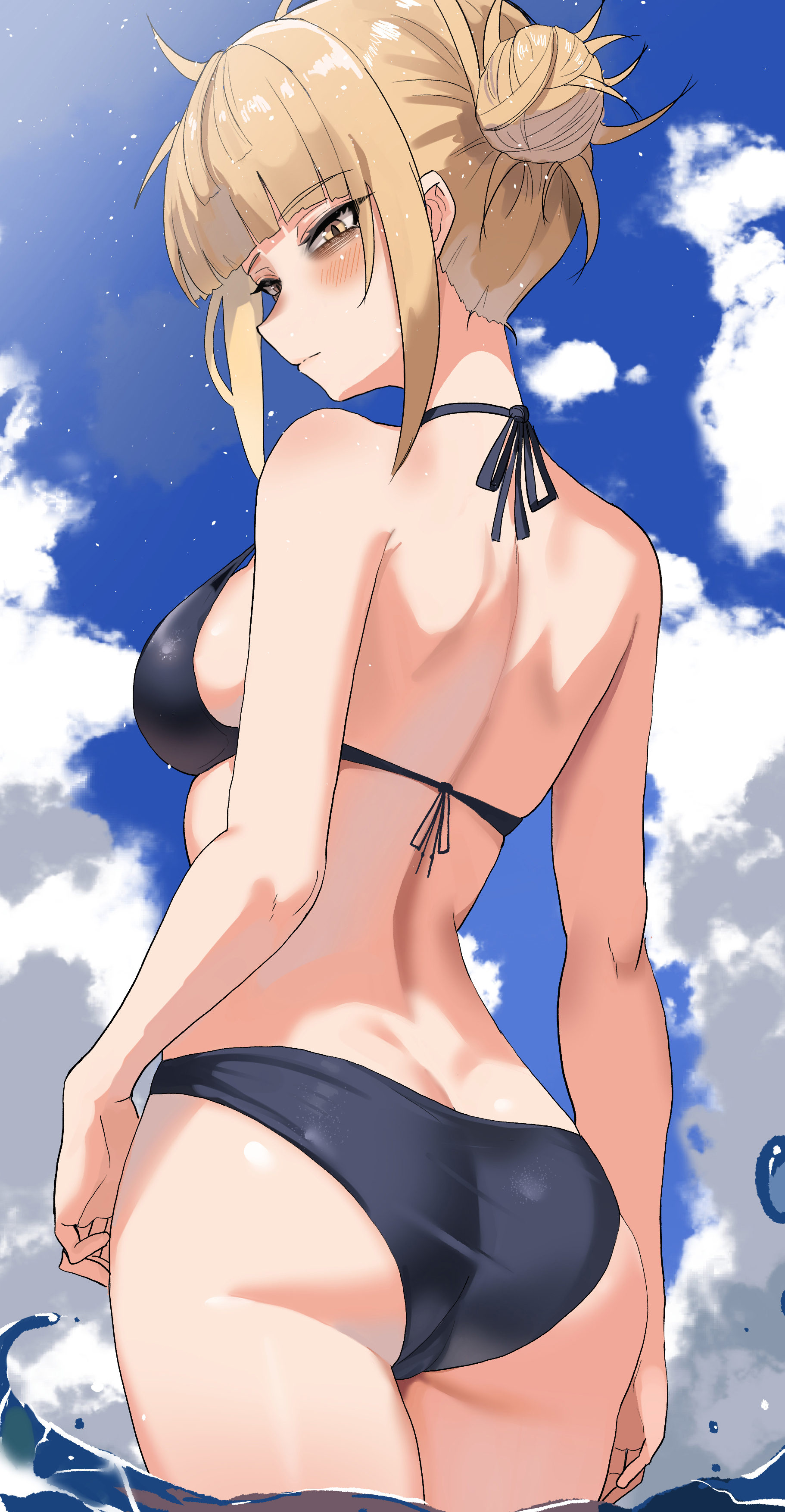 1girls, beach, bikini, blonde female, blonde hair, blonde-haired female, blush, female, female focus, female only, himiko toga, human, light skin, light-skinned female, looking at viewer, looking back, my hero academia, sky, solo, solo female, tagme, toga himiko, viewed from behind, viewed from below, yellow eyes, zd (pixiv6210083)