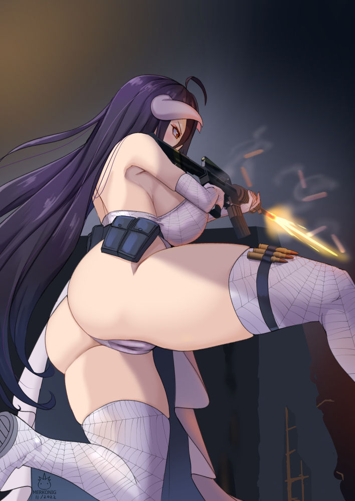 albedo_(overlord) ass breasts female firing firing_weapon gun large_breasts long_hair merkonig overlord_(maruyama) shooting succubus weapon