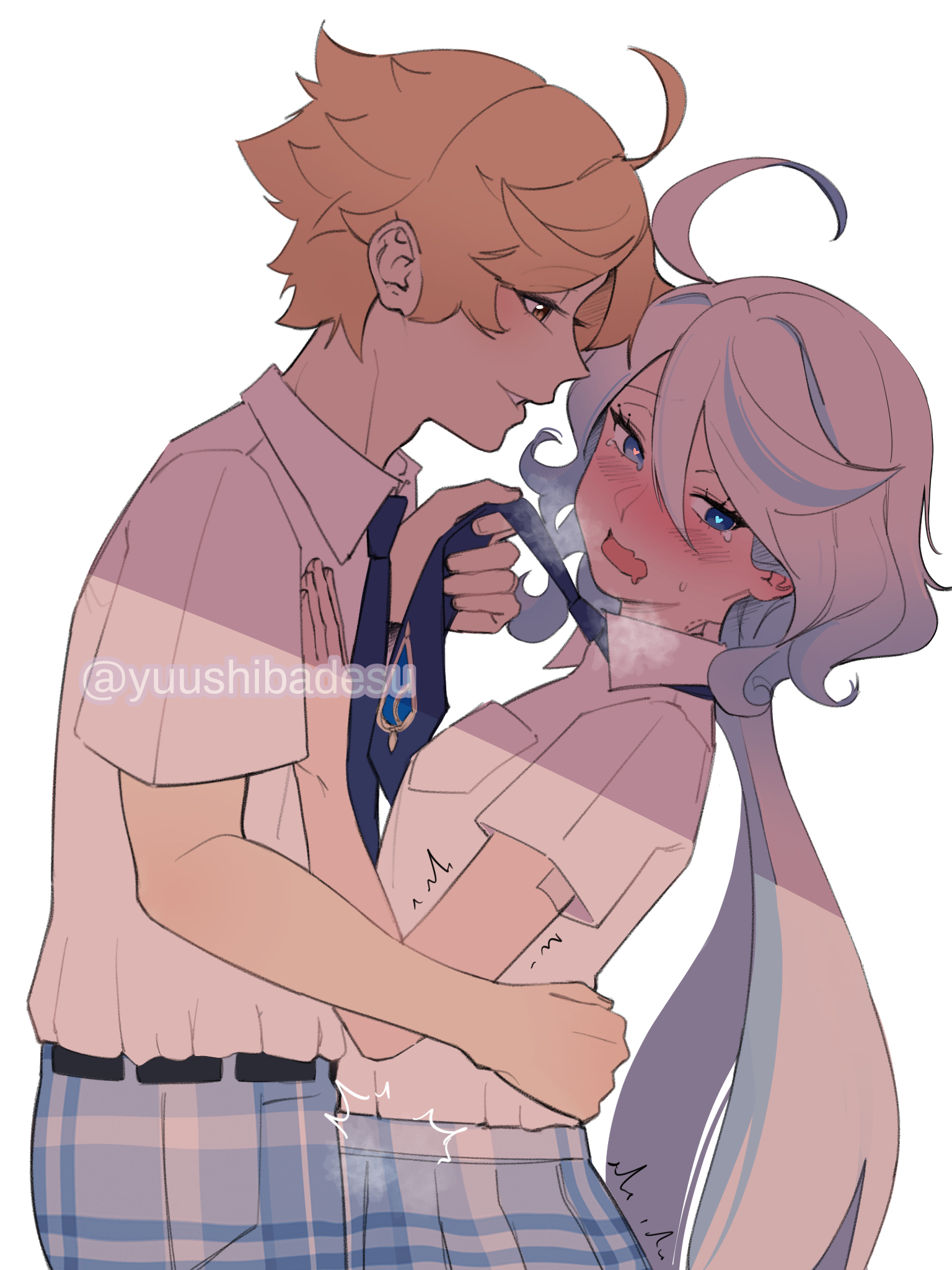 1boy, 1girls, aether (genshin impact), ahoge, blue eyes, blue hair, blush, embarrassed, face-to-face, female, furina (genshin impact), genshin impact, hair between eyes, hand on another's waist, highres, imminent kiss, male, multicolored hair, necktie, necktie grab, neckwear grab, nervous, nervous sweating, open mouth, shy, sweat, sweatdrop, teardrop, trembling, wavy mouth, yuushiba