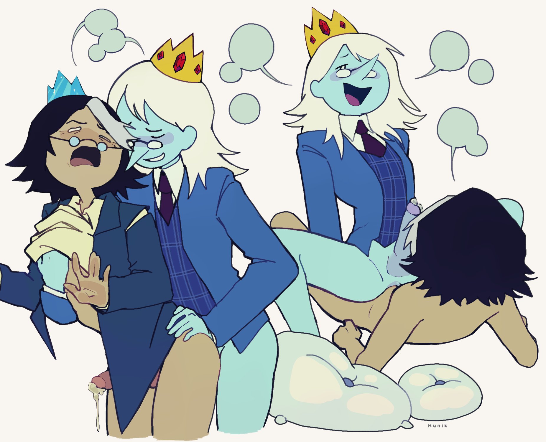 adventure time, adventure time: fionna & cake, anal sex, blue skin, blush, bottomless, crown, dark hair, dialogue bubble, fionna and cake, gay, glasses, male, male only, naked, one eye closed, partially clothed, penis, pleasure face, pointy nose, precum, riding penis, selfcest, simon petrikov, smile, white background, white hair, winter king, yaoi
