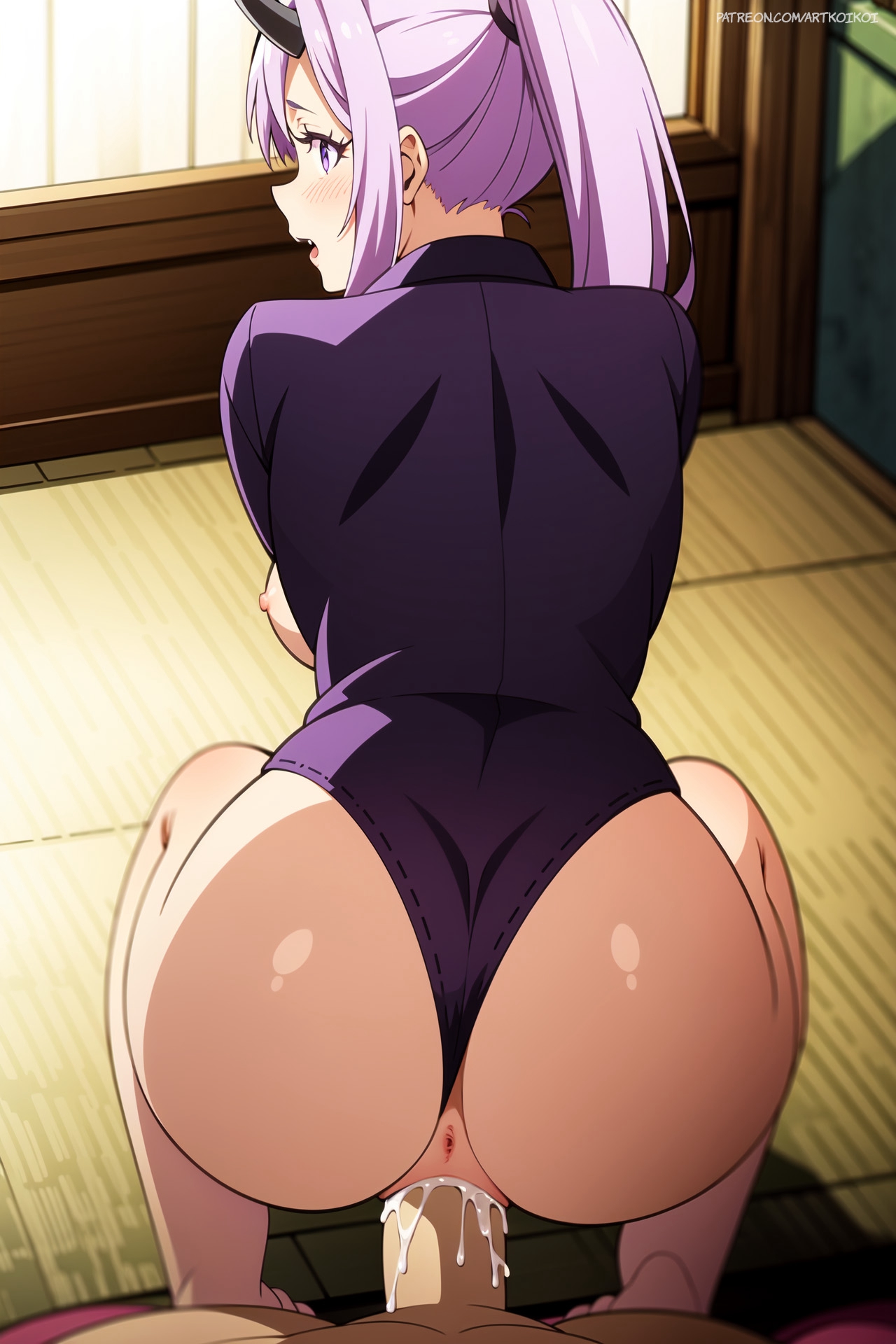 1boy, 1girls, ai generated, big breasts, breasts, female, huge breasts, kitchen, koikoi, male, nai diffusion, nude, pink eyes, pink hair, ponytail, pov, pussy, sex, shion (tensei shitara slime datta ken), solo, stable diffusion, tensei shitara slime datta ken, uncensored, vaginal penetration