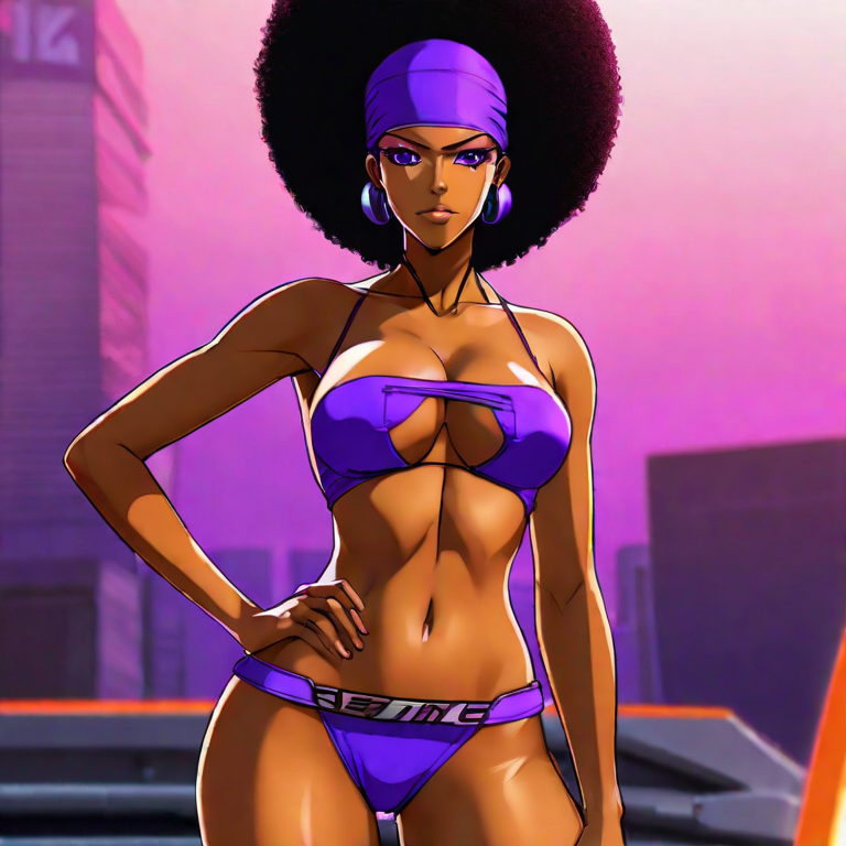 afro ai_generated arm_at_side arm_on_hip black_hair black_skin bra dark-skinned_female dark_skin earrings f-zero headboard kate_alen nintendo panties purple_bra purple_earrings purple_eyes purple_headband purple_panties