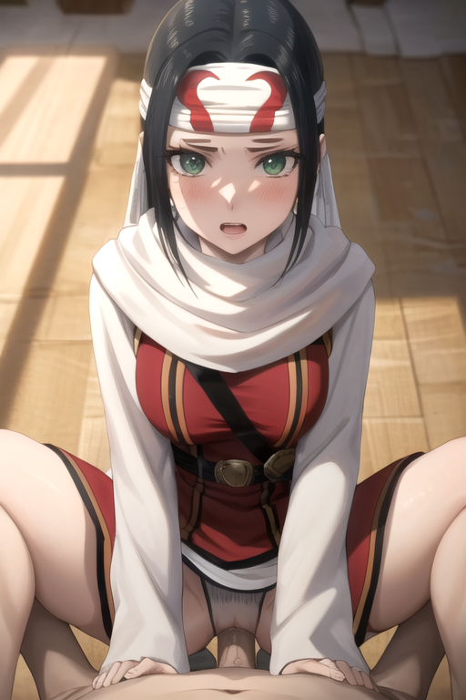 1boy 1girls ai_generated black_hair blushed clothed_female clothed_sex green_eyes kingdom kyoukai_(kingdom) long_hair looking_at_viewer ponytail scarf sex stable_diffusion tied_hair vaginal_penetration