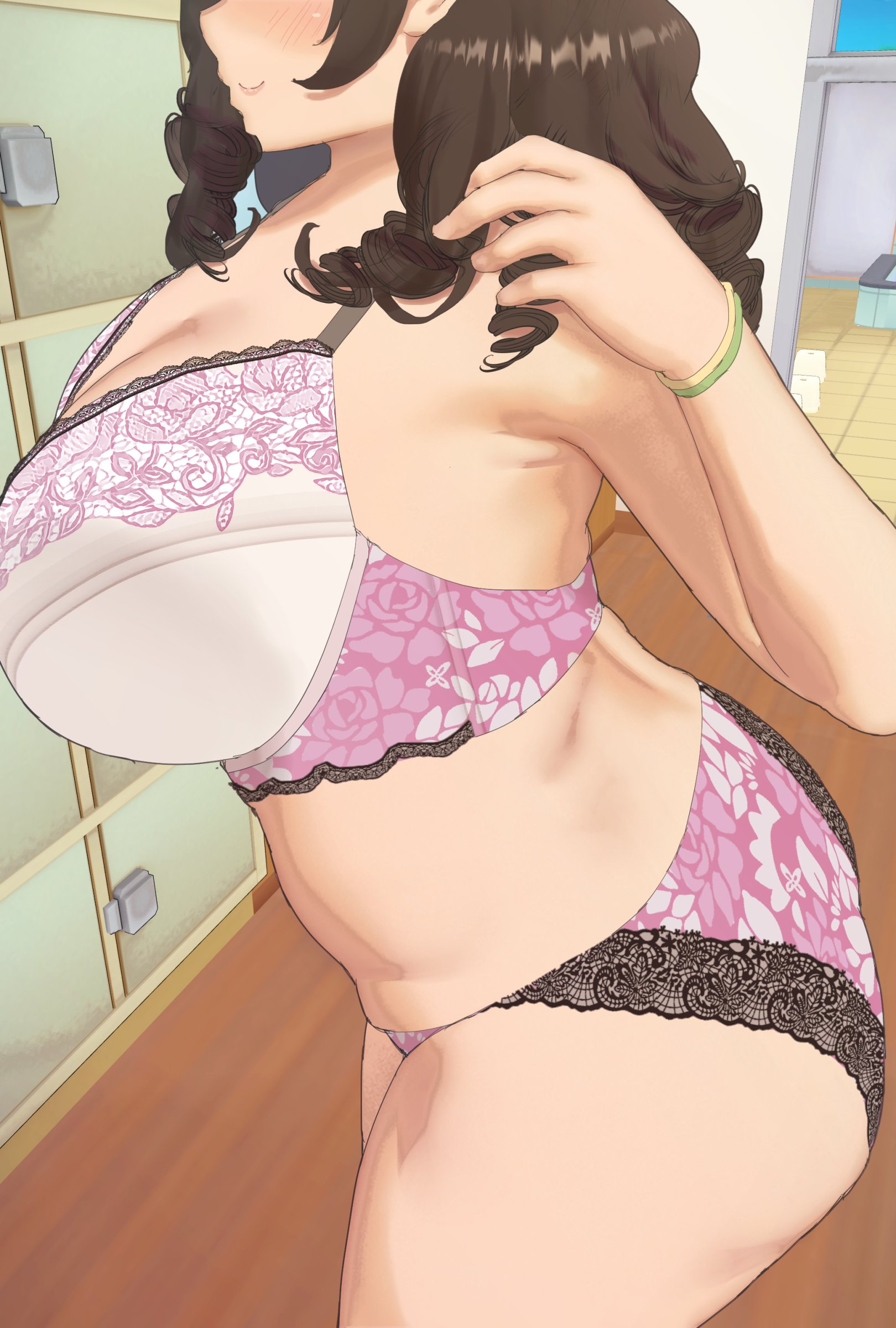 ass, big ass, big breasts, bra, breasts, brown hair, female, lingerie, original, panties, pink bra, pink panties, ryokucha michi, thick thighs