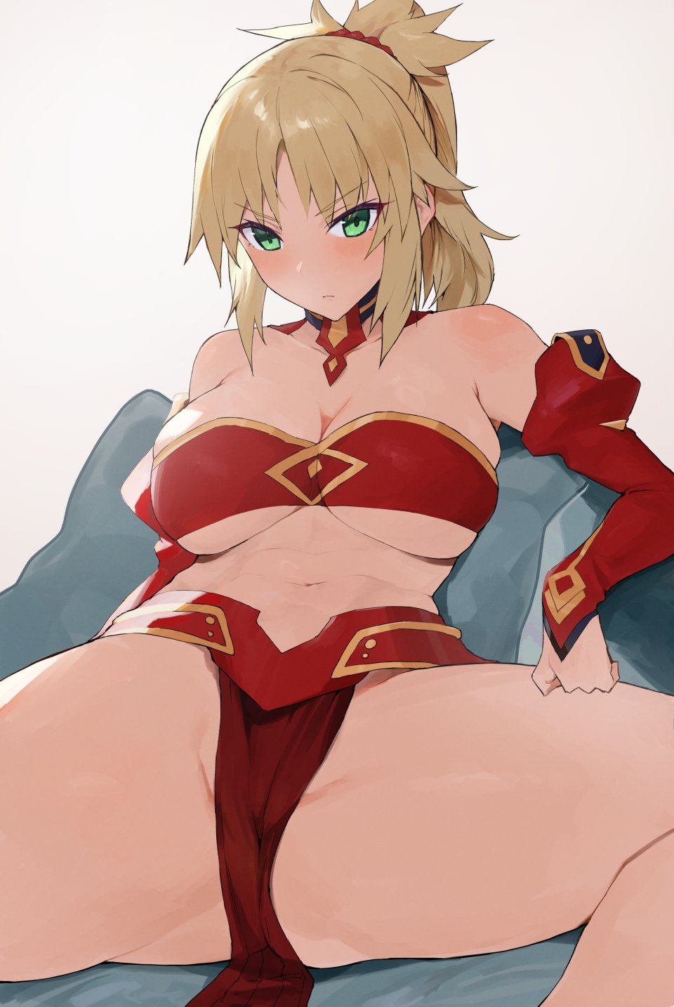 1girls, alternate breast size, blonde hair, blush, breasts, fate (series), fate/grand order, female, female only, kataku musou, light skin, light-skinned female, long hair, looking at viewer, medium breasts, mordred (fate), ponytail, thick thighs, thighs, tomboy