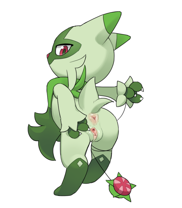 anthro anus ass female floragato generation_9_pokemon genitals green_body hand_on_butt looking_at_viewer nintendo pokemon pokemon_(species) pussy red_eyes simple_background solo spread_pussy spreading tosx white_background