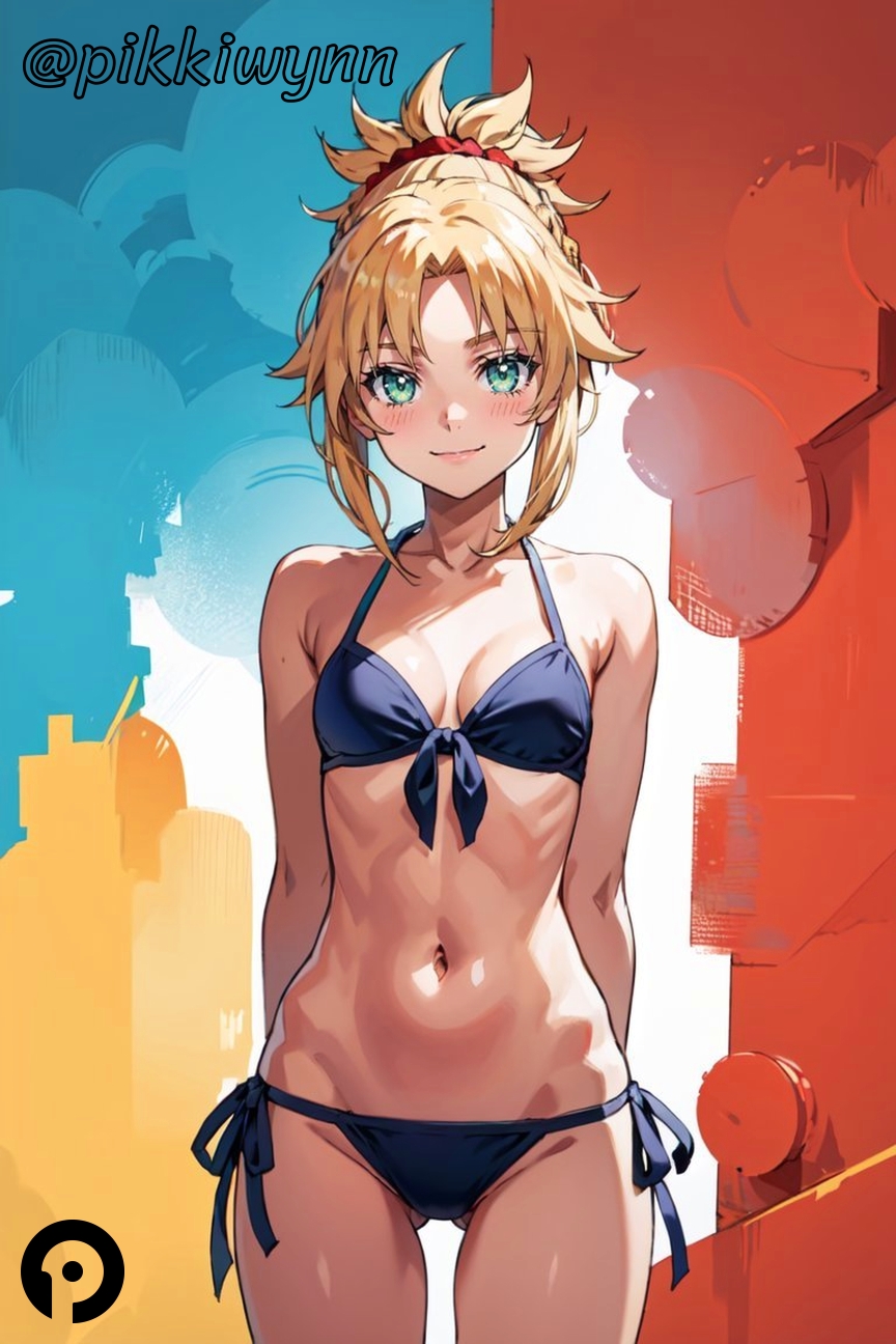 ai_generated arms_behind_back ass_visible_through_thighs bangs bare_shoulders bikini blonde_hair blue_bikini blush braid breasts closed_mouth collarbone fate/grand_order fate_(series) female front-tie_top green_eyes hair_ornament hair_scrunchie looking_at_viewer mordred_(fate) navel parted_bangs pikkiwynn ponytail red_scrunchie scrunchie side-tie_bikini_bottom sidelocks small_breasts smile solo swimsuit