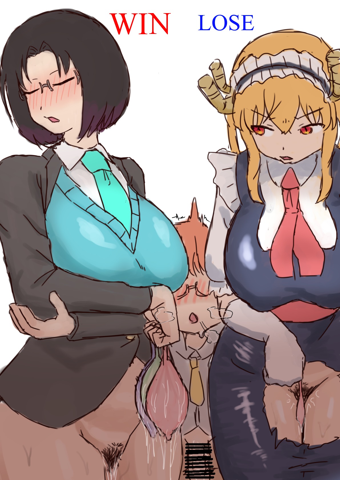 1futa, 2girls, after sex, after vaginal, big breasts, black hair, blonde hair, bottomless, breasts, clothed, clothing, condom, dragon girl, duo focus, elma (dragon maid), english text, female, female focus, female pubic hair, futanari, glasses, horns, human, humanoid, intersex, kobayashi, large breasts, light skin, light-skinned female, light-skinned futa, maid, maid headdress, miss kobayashi's dragon maid, partially clothed, pussy, standing, text, tohru (dragon maid), torn clothes, twintails, used condom, zinkakuhaisetu
