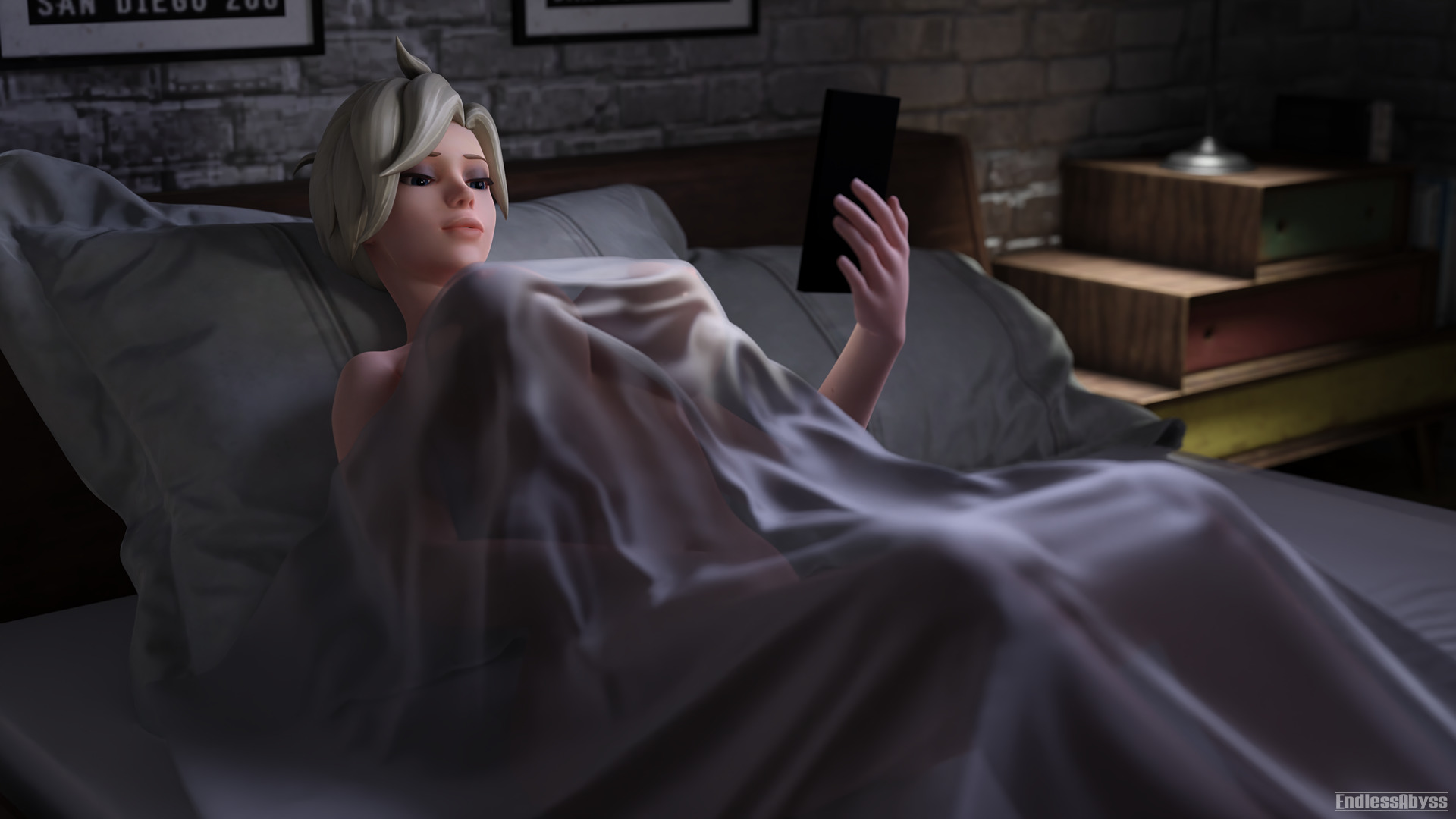 3d, apartment, blue eyes, breasts, endlessabyss, female, large breasts, laying down, laying on bed, mercy, overwatch, relaxed, round breasts, self upload, smartphone, watermark