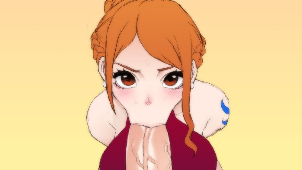 :>=, 1boy, 1girls, arm tattoo, blowjob, blue tattoo, brown eyes, fellatio, female, female focus, jay-marvel, light skin, light-skinned female, light-skinned male, male, monkey d luffy, nami (one piece), one piece, oral, orange hair, orange-haired female, post-timeskip, tattoo