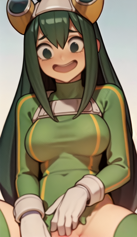 ai generated, blush, breasts, female, green hair, mouth open, my hero academia, thighs, trompitpro, tsuyu asui