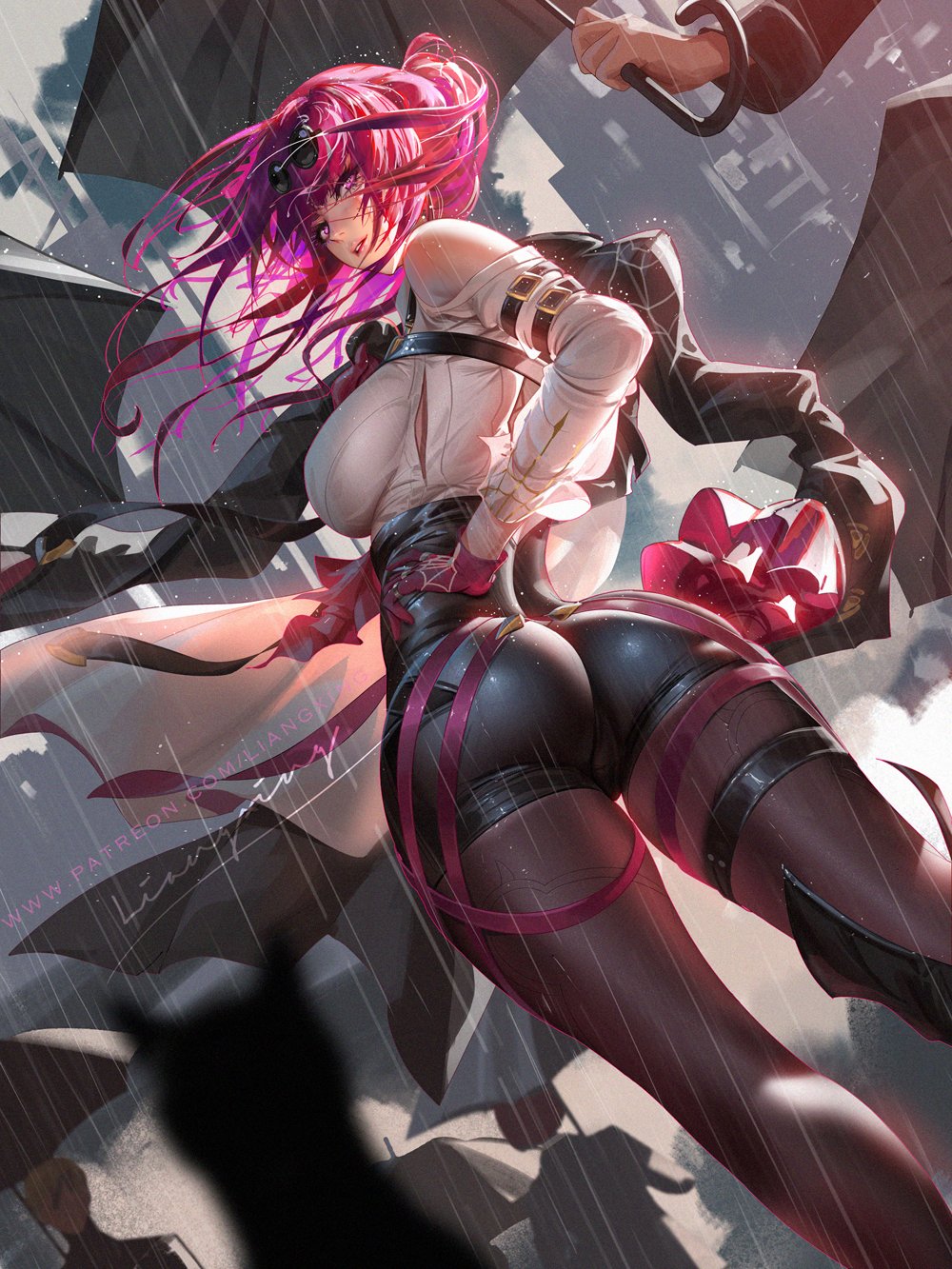 ass, ass focus, big ass, big breasts, breasts, curvaceous, female, honkai: star rail, hourglass figure, kafka (honkai: star rail), liang xing, looking back, purple hair, rain, shirt, sunglasses, sunglasses on head, tagme, umbrella