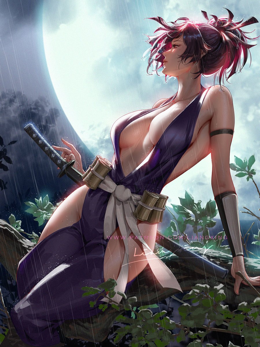 arm_bracers big_breasts cleavage jigokuraku katana liang_xing moon moonlight night purple_hair rain revealing_clothes sword tagme tied_hair yuzuriha_(jigokuraku)