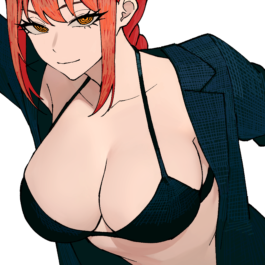 1girls big_breasts black_bra bra braided_hair braided_ponytail breasts chainsaw_man closed_mouth collarbone female fringe ginger hair_between_eyes jacket large_breasts light-skinned_female long_hair looking_at_viewer makima_(chainsaw_man) mappa no_shirt open_clothes open_jacket orange_hair petite ponytail red_hair ringed_eyes school_uniform schoolgirl seductive_eyes seductive_look seductive_smile sidelocks simple_background smile solo underwear unusual_pupils upper_body white_background yellow_eyes zeon_(zzeeonn)