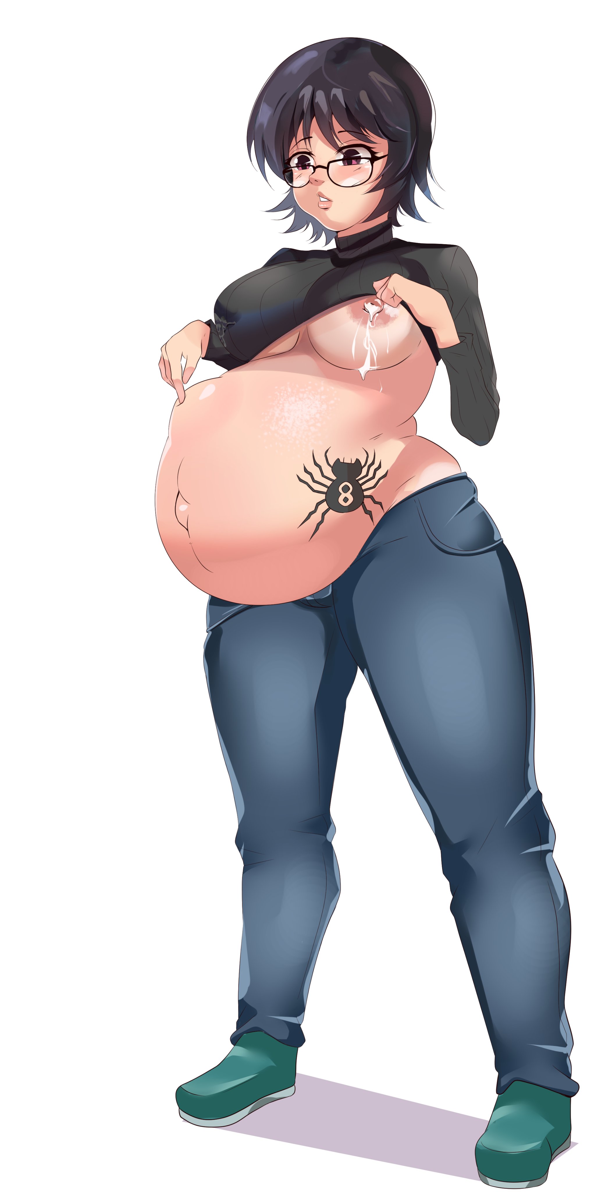 1girls, belly, belly tattoo, big belly, big breasts, black hair, breasts, female, female only, fetal movement, glasses, human, hunter x hunter, lactation, large breasts, light skin, light-skinned female, nipples, outie navel, pale skin, pale-skinned female, palitexx, phantom troupe, pregnant, shirt lift, shizuku murasaki, short hair, shounen jump, solo, solo female, spider tattoo, tattoo, villainess