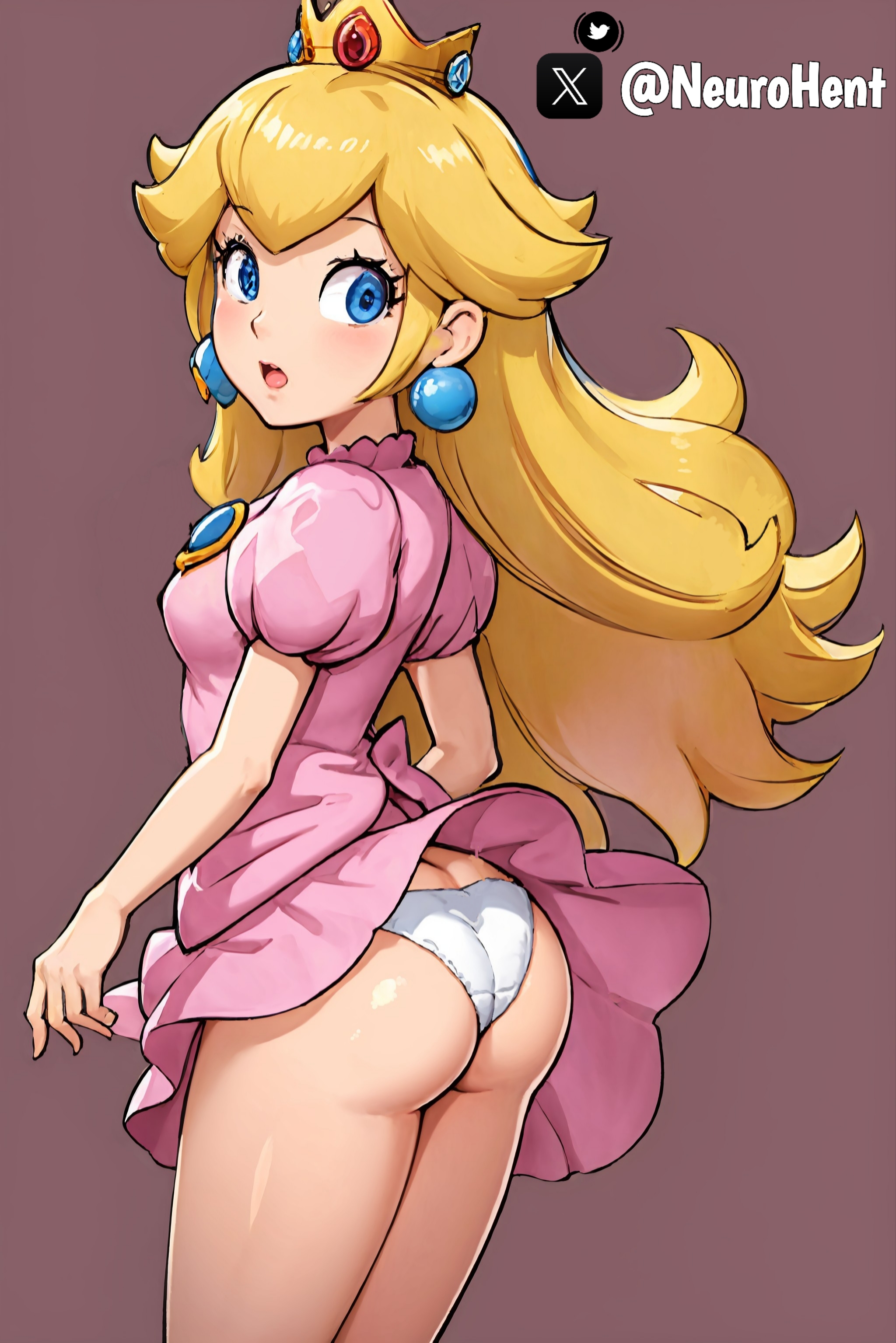 1girls, ai generated, ass, blonde hair, blue eyes, crown, dress, earrings, female, female only, looking at viewer, looking back, mario (series), open mouth, panties, princess peach, shy, simple background, solo, standing, upskirt