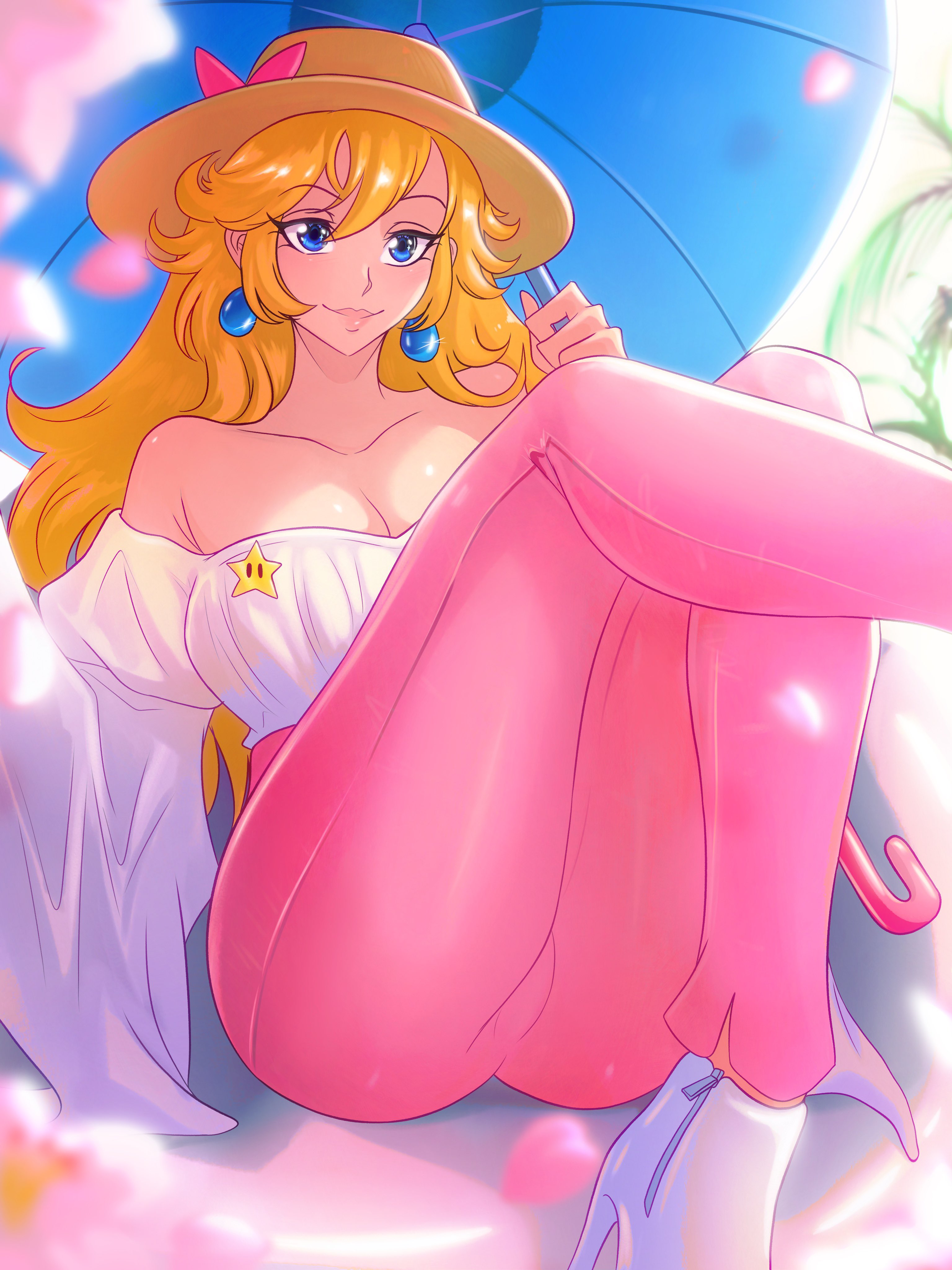 1girls, ass, ass focus, background, blonde hair, blue eyes, clouds, crossed legs, day, earrings, female, female only, heels, light skin, light-skinned female, long hair, mario (series), nintendo, opalisart, parasol, princess peach, pussy, pussy visible through clothes, thick thighs, thighs, tight clothing