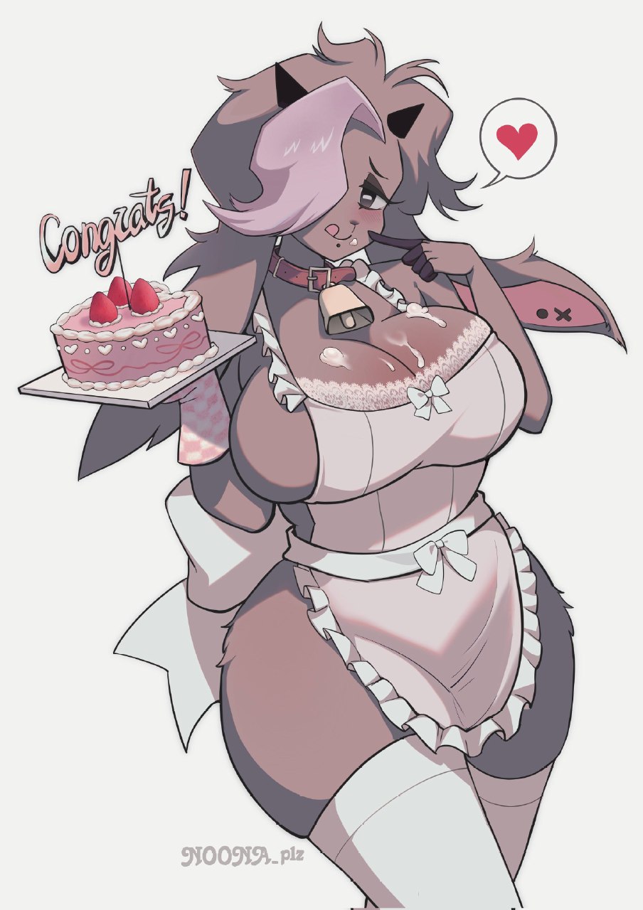 1girls 2023 apron big_breasts blush breasts cake caprine ear_piercing english_text female female_only furry furry_only goat goat_ears goat_girl goat_horns grey_body grey_eyes grey_fur grey_hair heart horns huge_breasts icing icing_on_breasts licking_lips mouth_piercing noona_(noona_plz) noona_plz purple_hair signature simple_background stockings tongue tongue_out