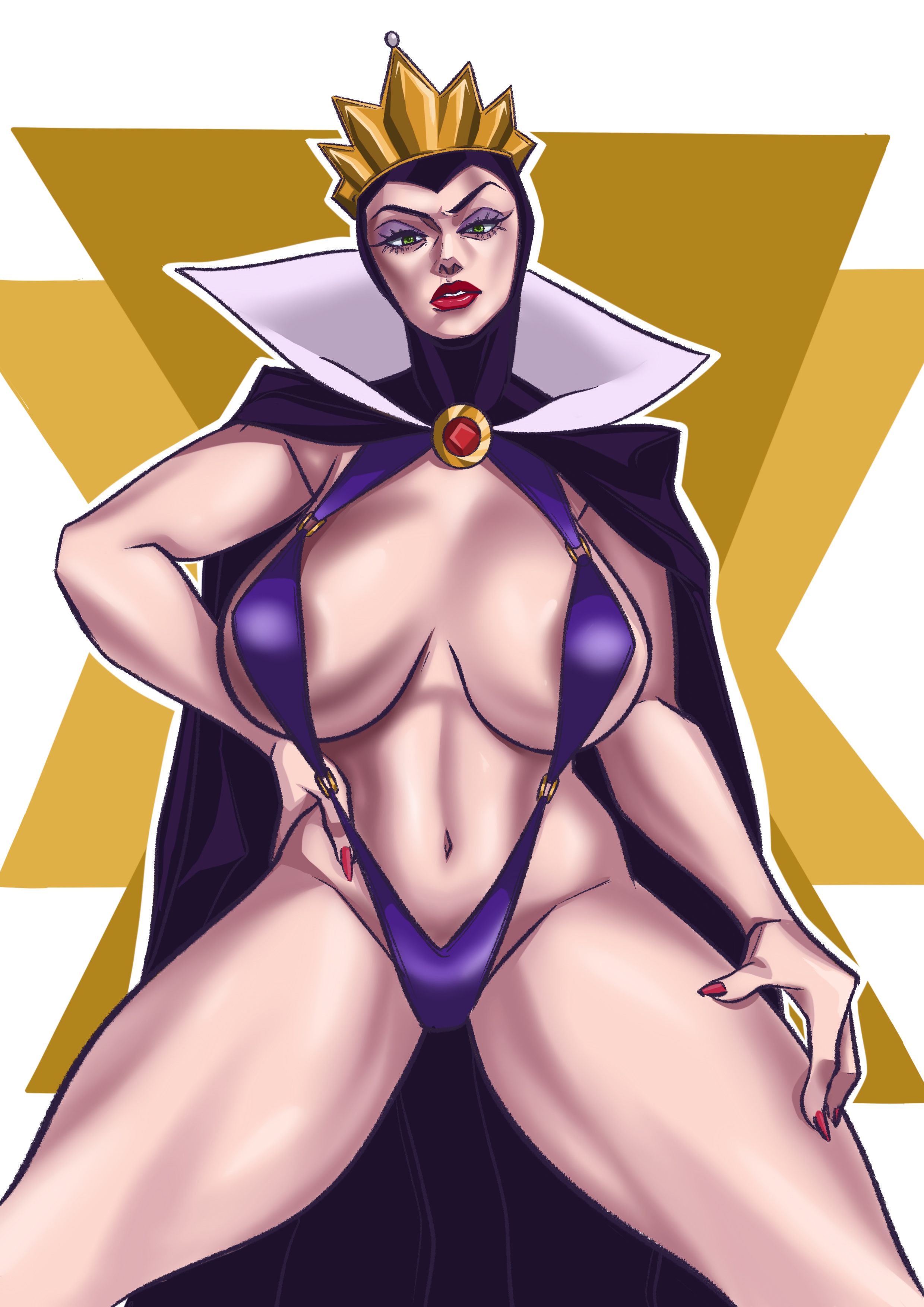 1girls, arms, barely contained breasts, barely covered, belly button, big breasts, bikini, breasts, cape, crown, disney, disney villains, exposed stomach, female, female only, green eyes, hands, huge breasts, large breasts, legs, lips, lipstick, palungpalang, purple sling bikini, queen, red lips, red lipstick, royalty, skimpy, skimpy bikini, skimpy clothes, skimpy outfit, sling bikini, slingshot swimsuit, snow white and the seven dwarfs (1937 film), solo, teeth, the evil queen, tits