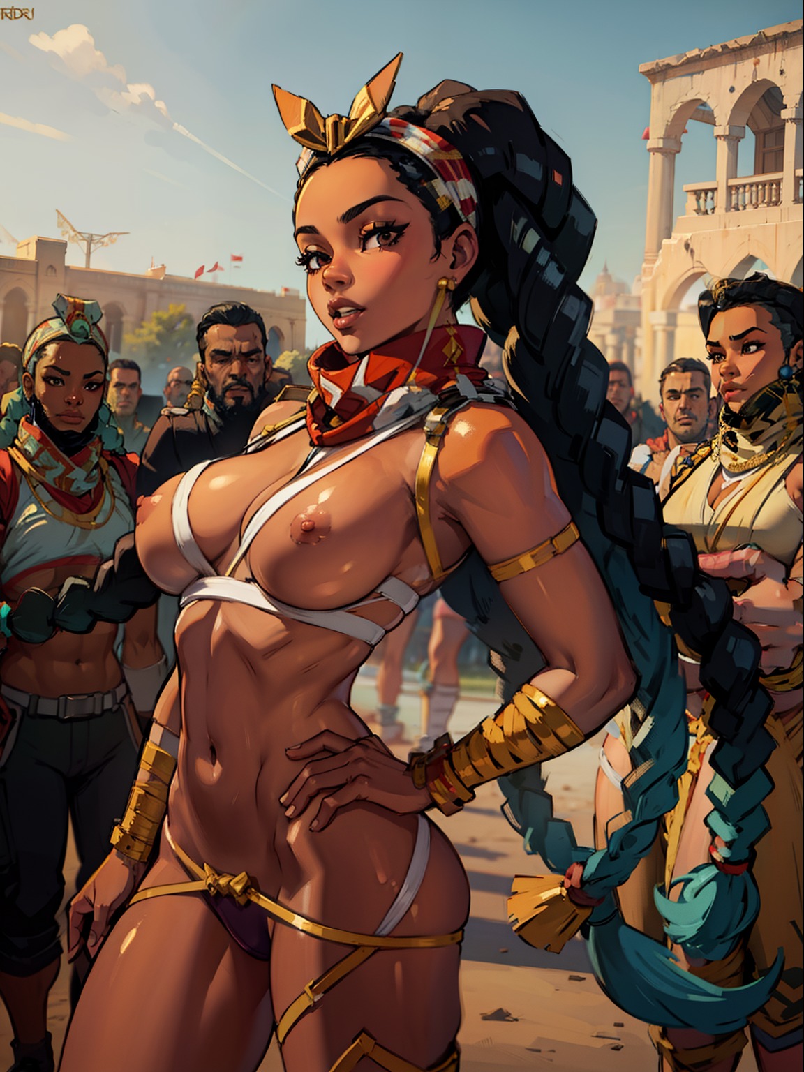 ai generated, breasts, capcom, dark skin, dark-skinned female, exposed breasts, female, female focus, female only, harem outfit, human, kimberly jackson, nude, nude female, public, skimpy, street fighter, street fighter 6, tagme