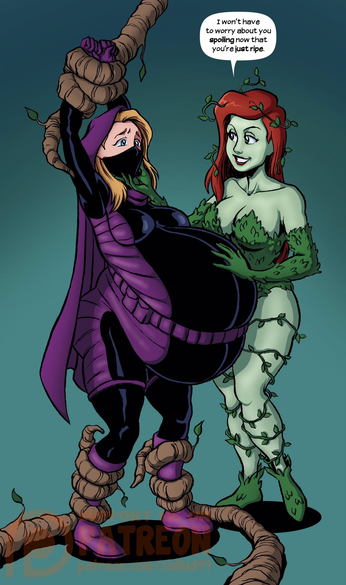 2girls batman_(series) belly belly_inflation big_belly bloated bloated_belly blonde_hair bondage dc dc_comics female femdom femsub hand_on_belly inflation poison_ivy red_hair sidkid44 stephanie_brown