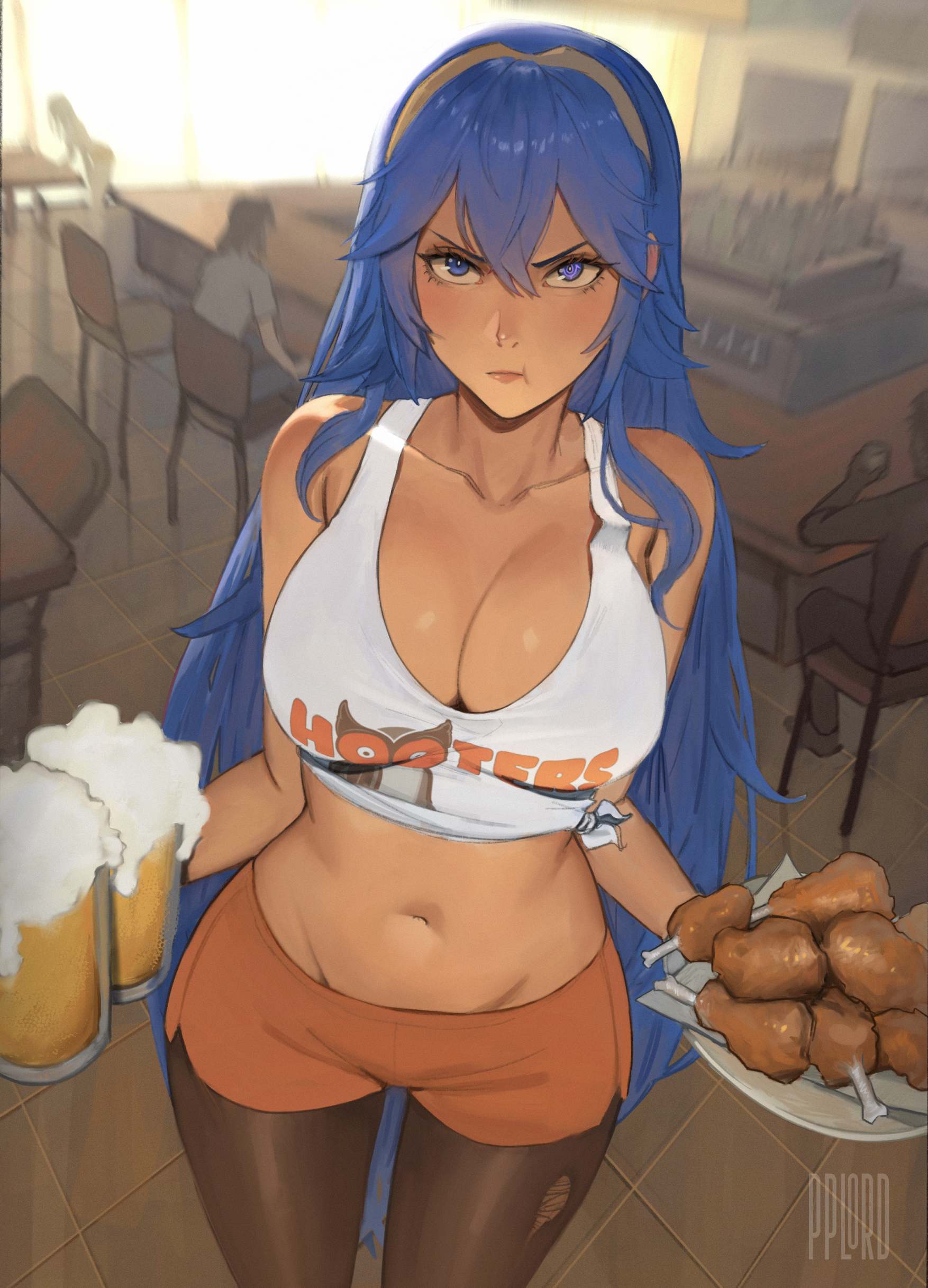 2boys 2girls :t absurdres alcohol alternate_breast_size alternate_costume angry artist_name bar_(place) bare_midriff bare_shoulders beer beer_mug blue_eyes blue_hair bone breasts chair chicken_(food) cleavage collarbone commentary crop_top english_commentary female female_focus fire_emblem fire_emblem_awakening food glass highres hooters hooters_uniform indoors large_breasts lips long_hair looking_at_viewer lucina_(fire_emblem) midriff mug multiple_boys multiple_girls navel nintendo pantyhose plate pout pplord short_shorts shorts solo solo_focus standing stomach symbol-shaped_pupils tank_top tiara torn_clothes torn_pantyhose very_long_hair waitress