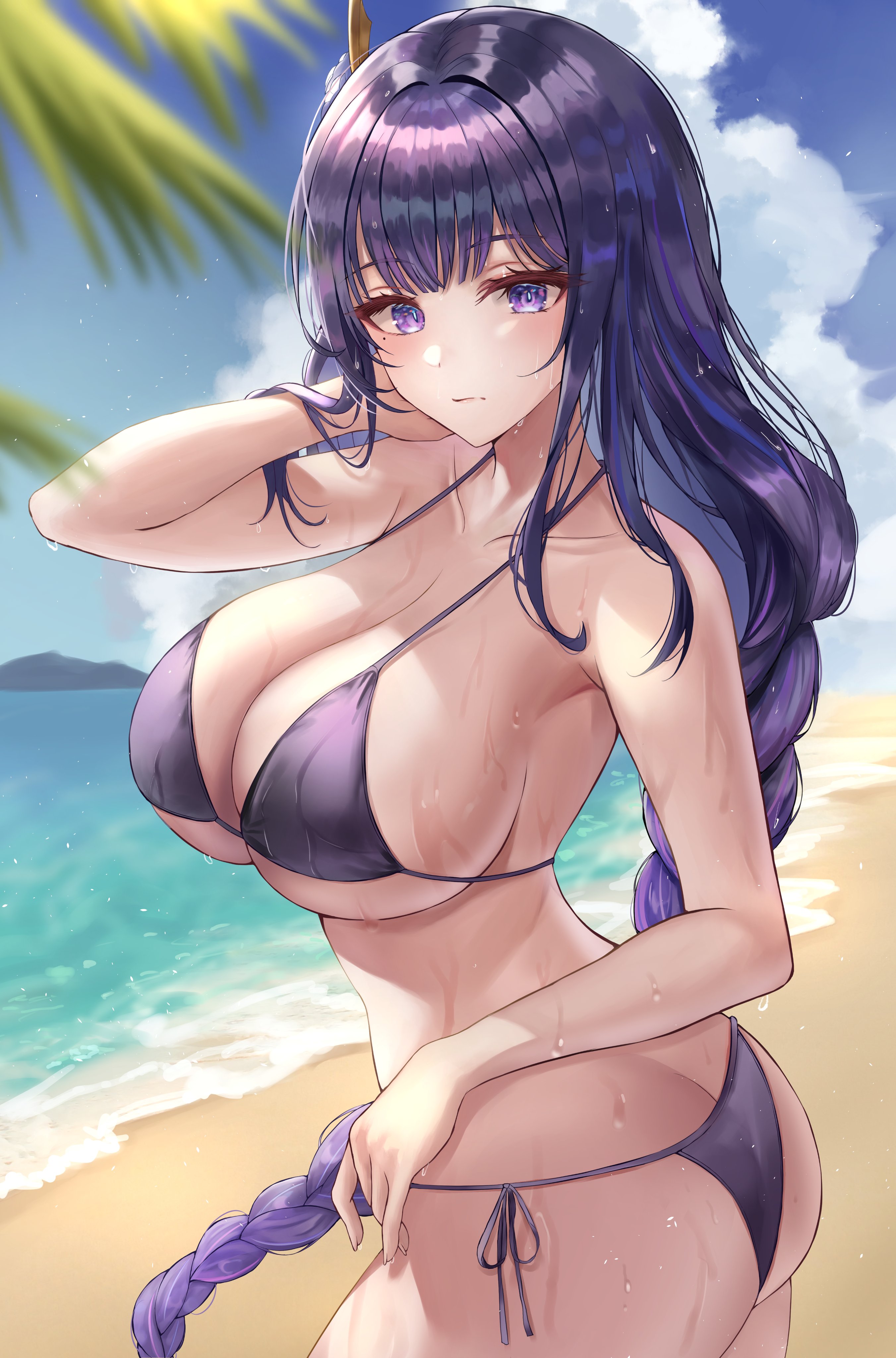 1girls, absurdres, ass, beach, bikini, blush, braid, braided ponytail, breasts, cleavage, closed mouth, collarbone, day, female, from side, genshin impact, hair ornament, hand in own hair, highres, jinsoulsan, large breasts, long hair, looking at viewer, looking to the side, mole, mole under eye, outdoors, purple bikini, purple eyes, purple hair, raiden shogun, side-tie bikini bottom, solo, swimsuit, underboob, water, wet