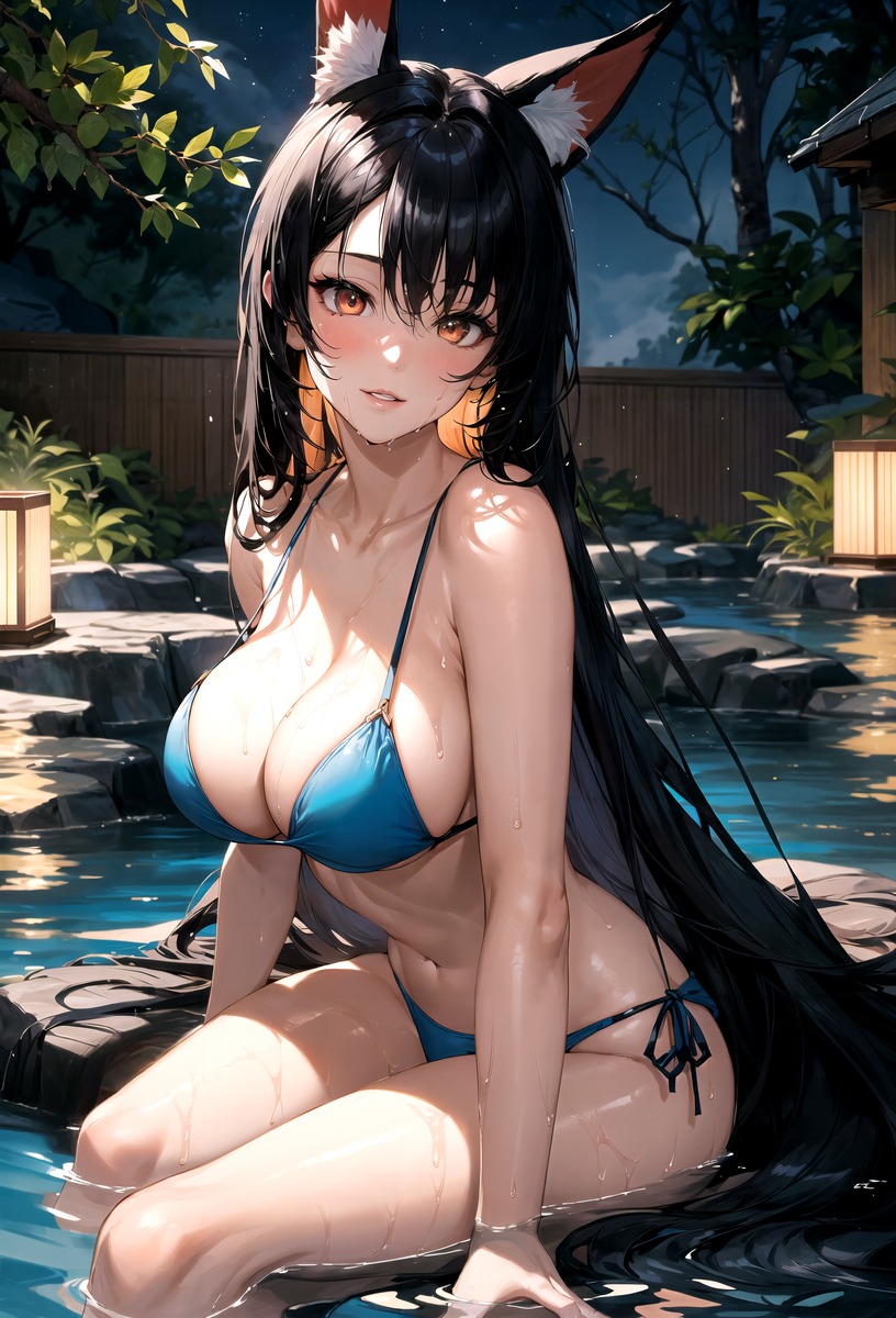 ai_generated animal_ears bikini black_hair blue_swimwear creationslevi girl hot_spring long_hair red_eyes stone tagme