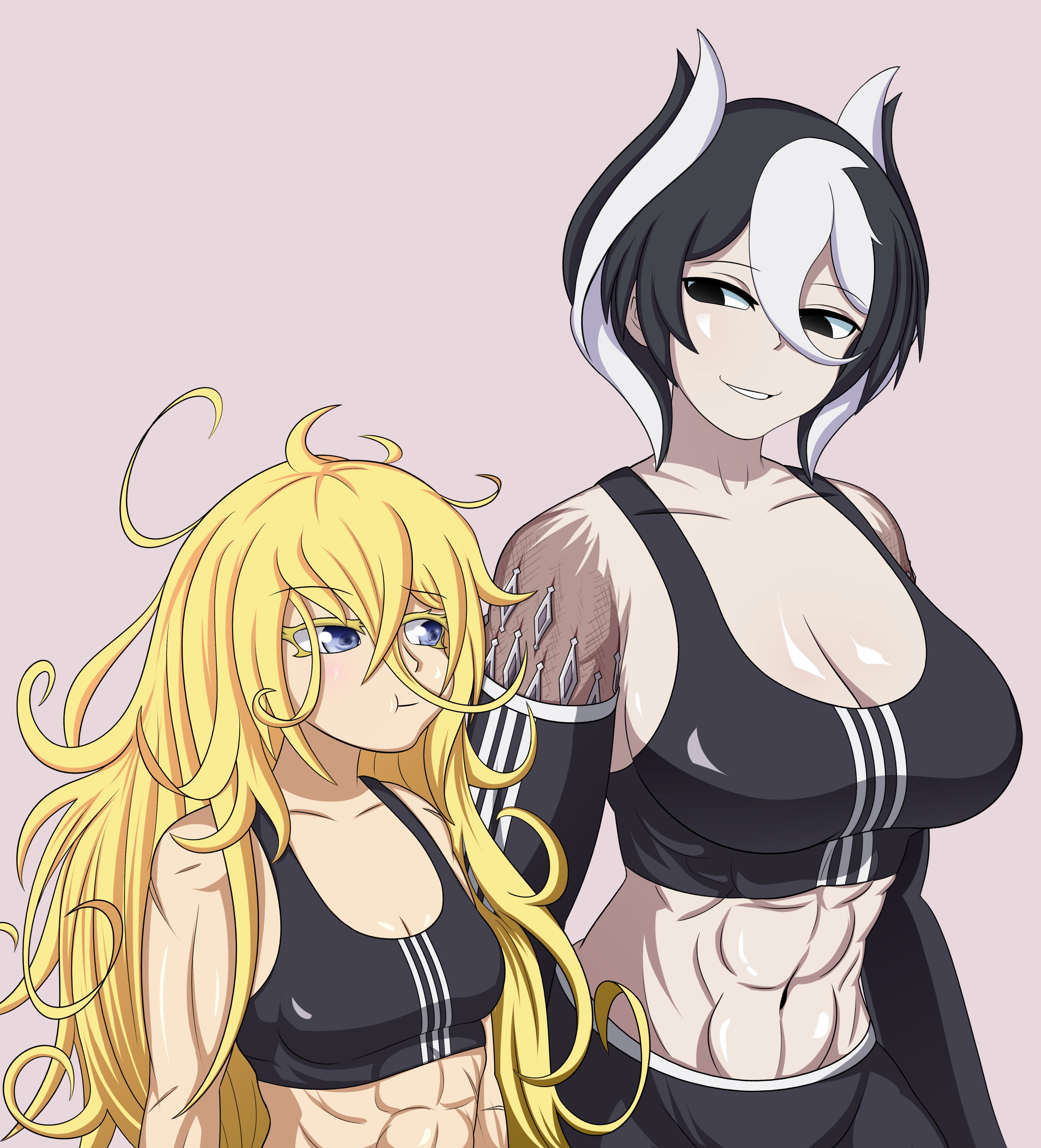 abs, adidas, big breasts, black and white hair, black eyes, black hair, blonde hair, blue eyes, body markings, bra, breast envy, breast size difference, breasts, cleavage, detached sleeves, female, female only, gym clothes, hair between eyes, long hair, looking at another, lyza (made in abyss), made in abyss, medium support (meme), meme, messy hair, ozen, short hair, small breasts, smile, smugbuns, sports bra, sportswear, toned, toned female, two-tone hair