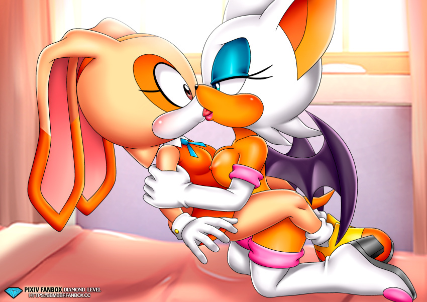 2girls, bat, bbmbbf, breasts, clothing, cream the rabbit, diamond level, dress, female, female only, french kiss, interspecies, kissing, mobius unleashed, multiple females, multiple girls, palcomix, pietros secret club, rabbit, rouge the bat, sega, small breasts, sonic (series), sonic the hedgehog (series), young, yuri