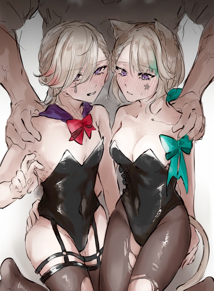 1girls, 2boys, ambiguous consent, arched back, artist request, ass, ass grab, bare shoulders, blush, both sexes in same situation, breasts, brother and sister, crossdressing, female, femboy, garter straps, genshin impact, girly, leotard, lynette (genshin impact), lyney (genshin impact), male, pantyhose, siblings, torn pantyhose, trap, twink, yaoi